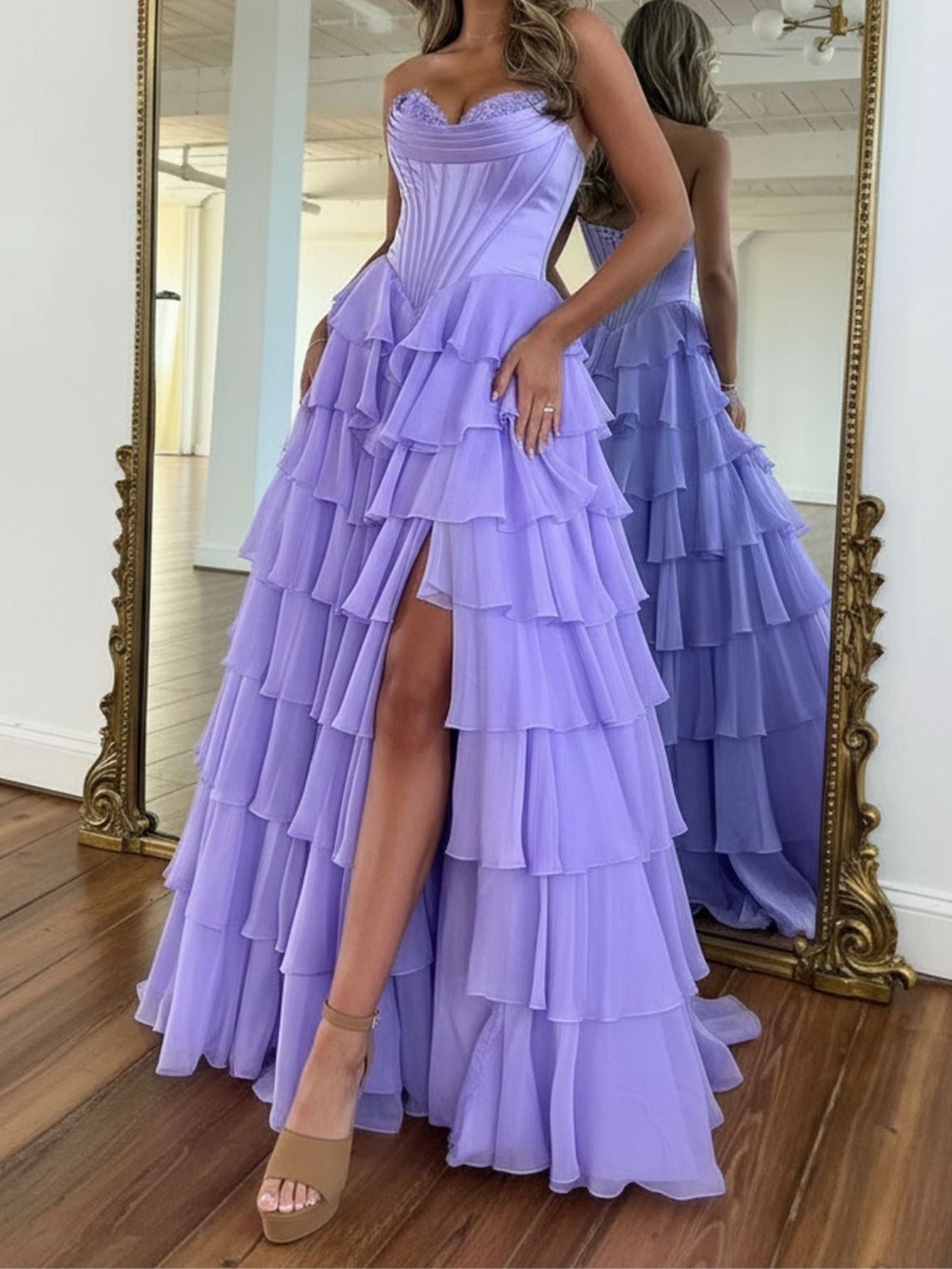 Strapless Boned Bodice Ruffle Chiffon Ball Gown Prom Dress - Lilac