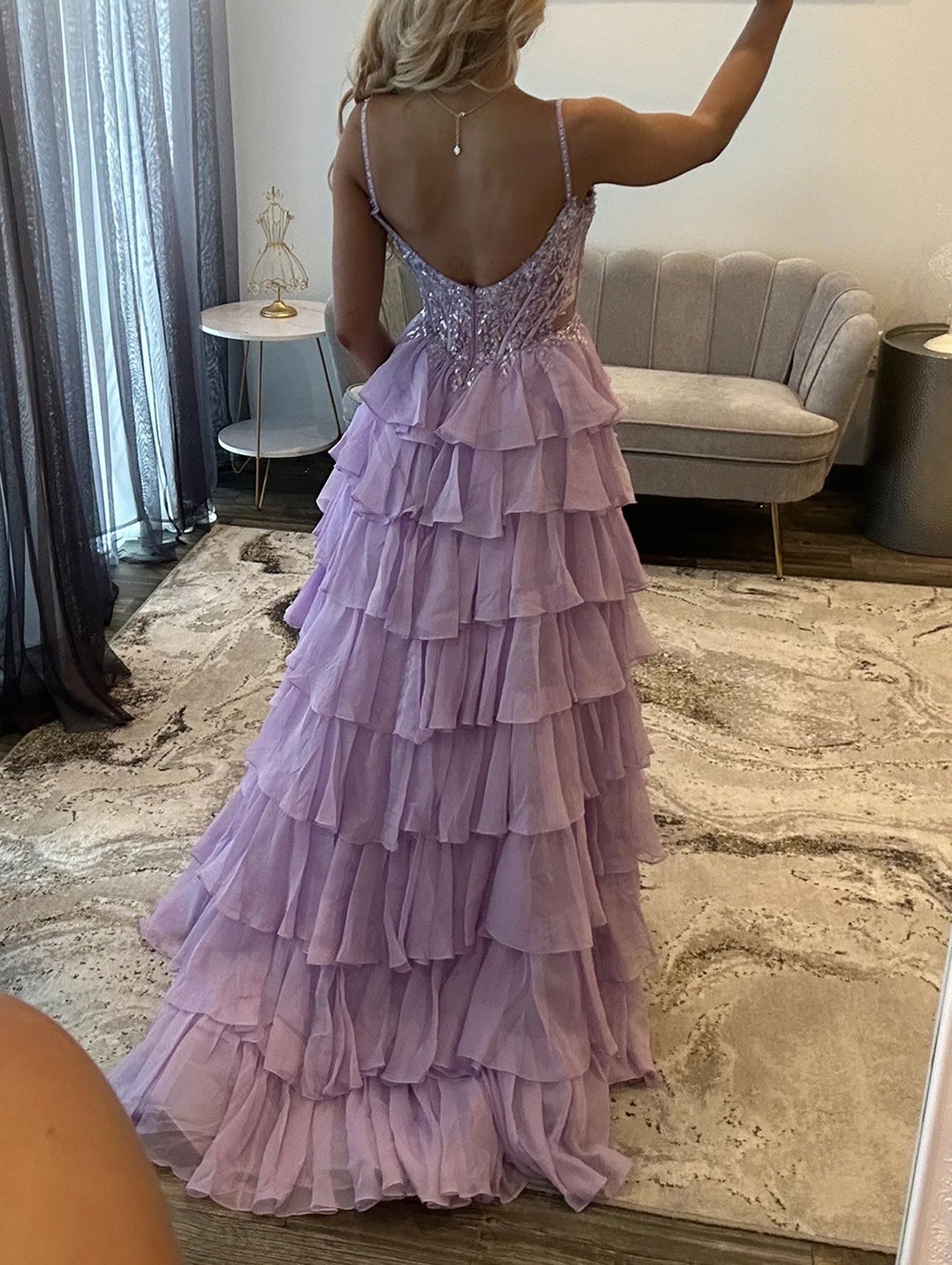 Lace Cut Front Boned Ruffled Ball Gown Dress - Lavender