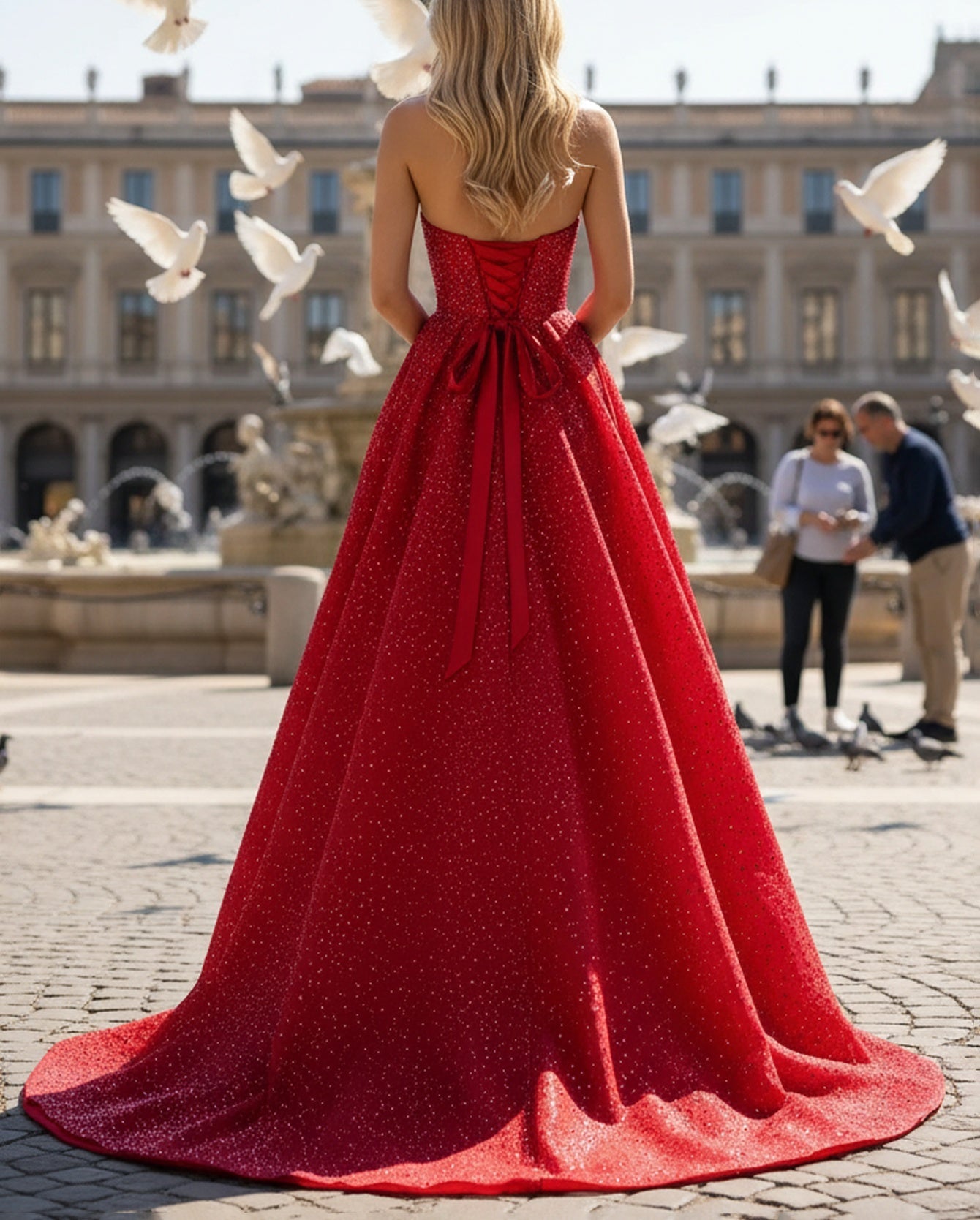 Halter Big Bow Sparkly Beading Lace Up Bodice Long Ball Gown Prom Dress - Red