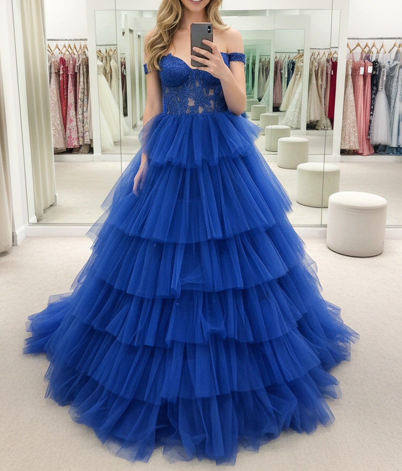 Off Shoulder Ruffled Tiered Lace Embroidery Tulle Ball Gown Prom Dress - Royal Blue