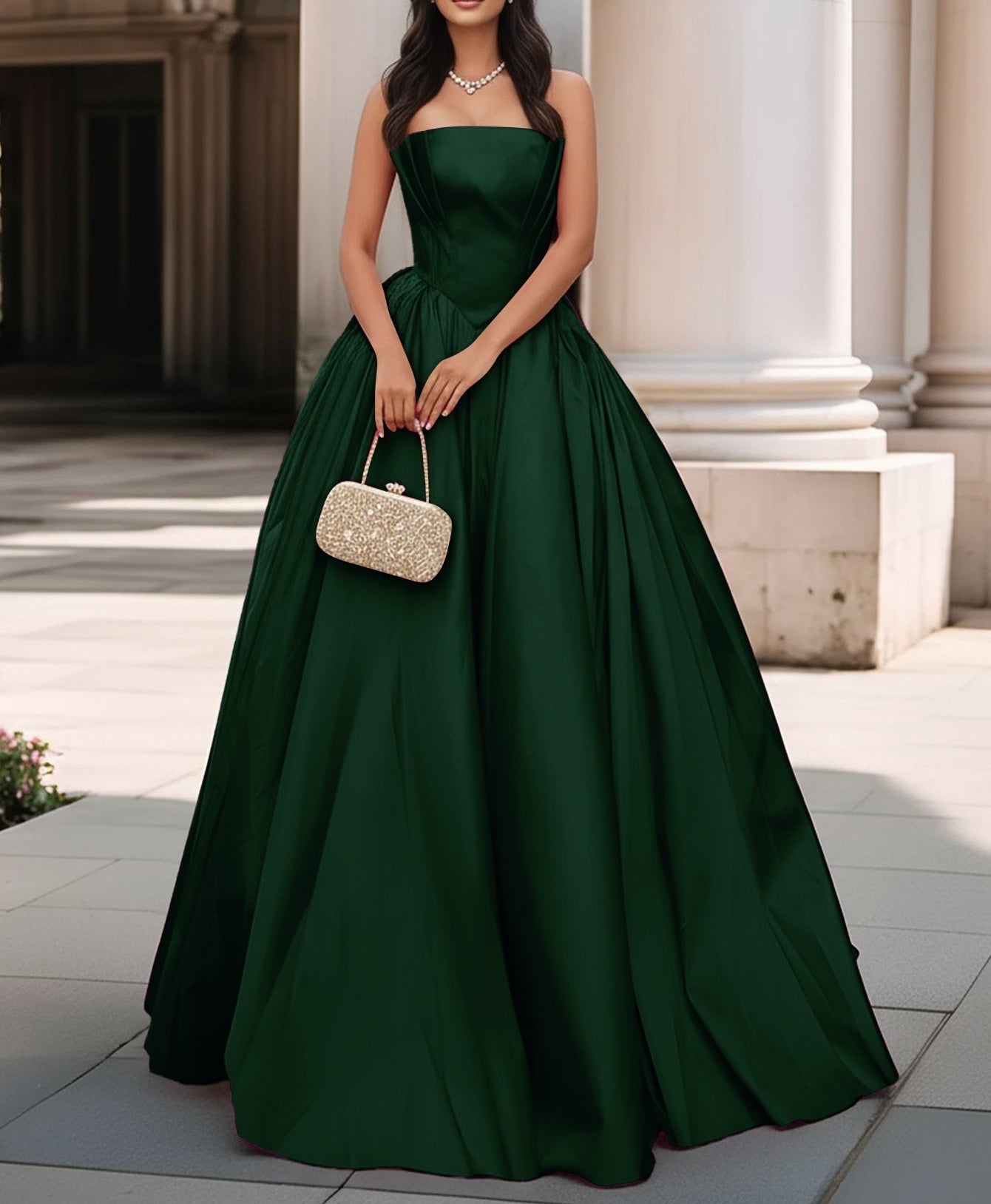 Pleated Bust Ruffle Hem Strapless Satin Prom Ball Gown - Emerald Green