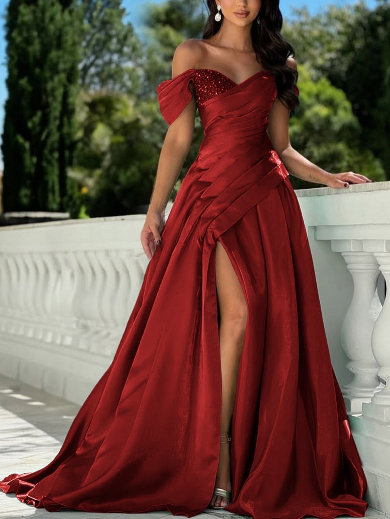 Off Shoulder Sequin Pleated Satin A-Line Prom Dress Long With Split - Red
