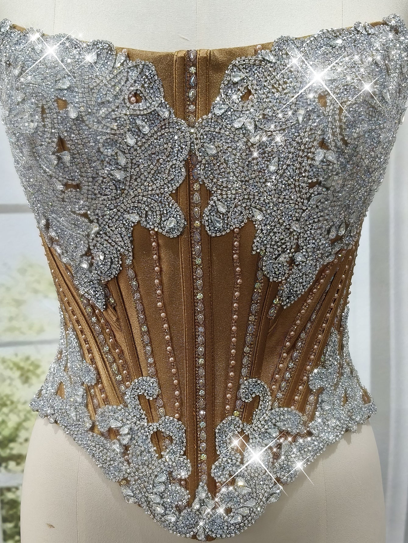 Luxury Crystal Strapless Sheer Bodice Mermaid Evening Dress - Gold