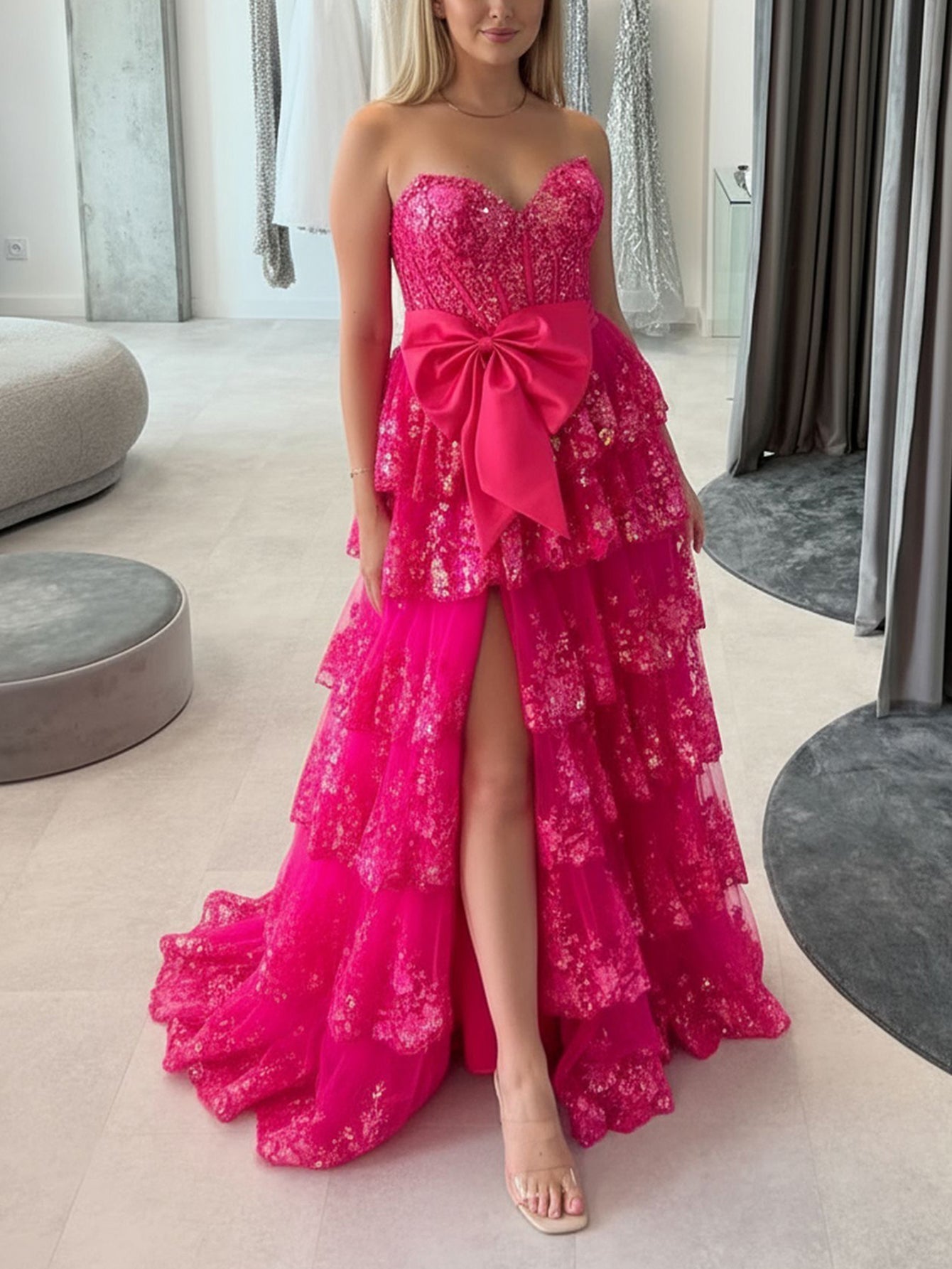 Satin Bow Waist Sparkly Lace Strapless Ruffle Tiered Prom Dress - Hot Pink