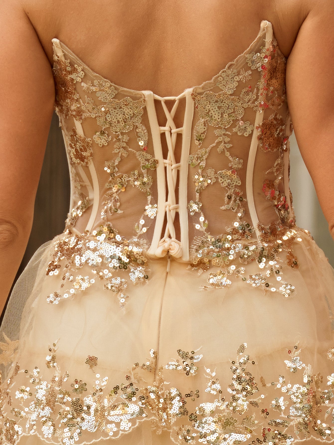 Satin Bow Waist Sparkly Lace Strapless Ruffle Tiered Prom Dress - Champagne