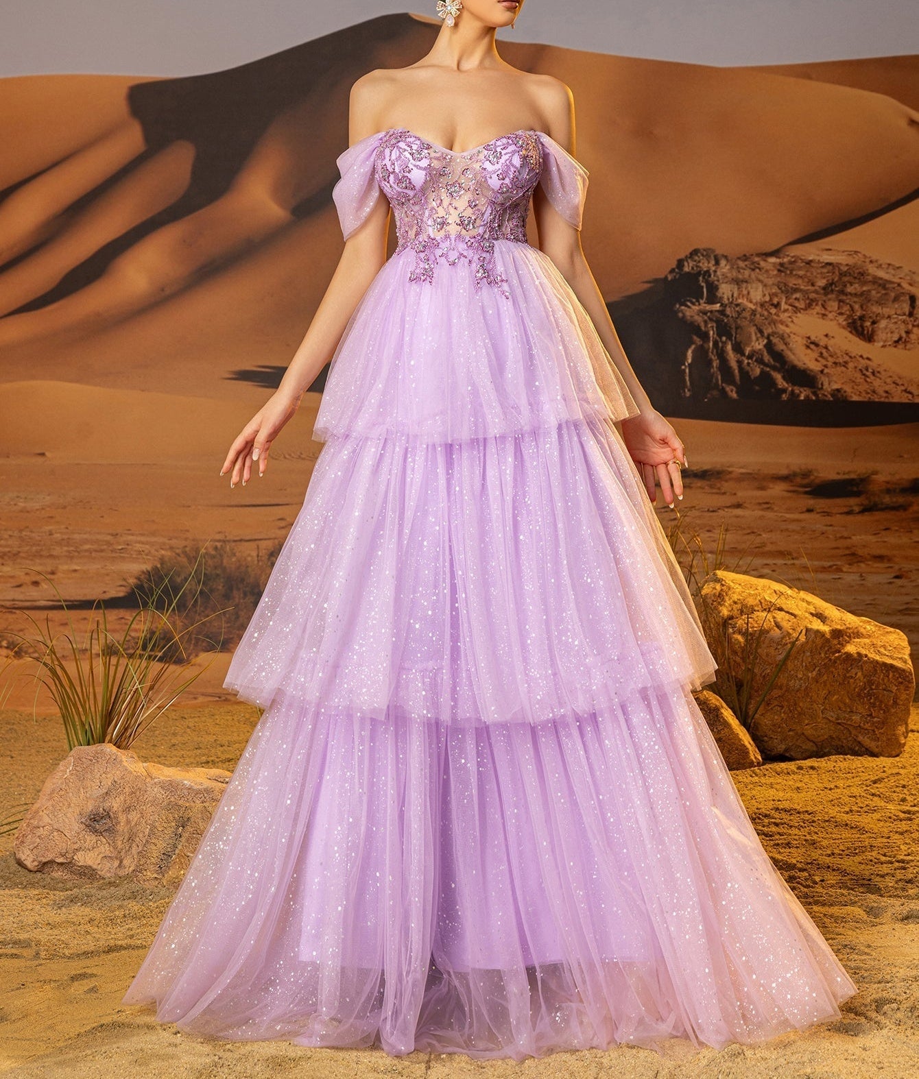 Off Shoulder Sparkly Lace Embroidery Layered Ball Gown Prom Dress - Lilac