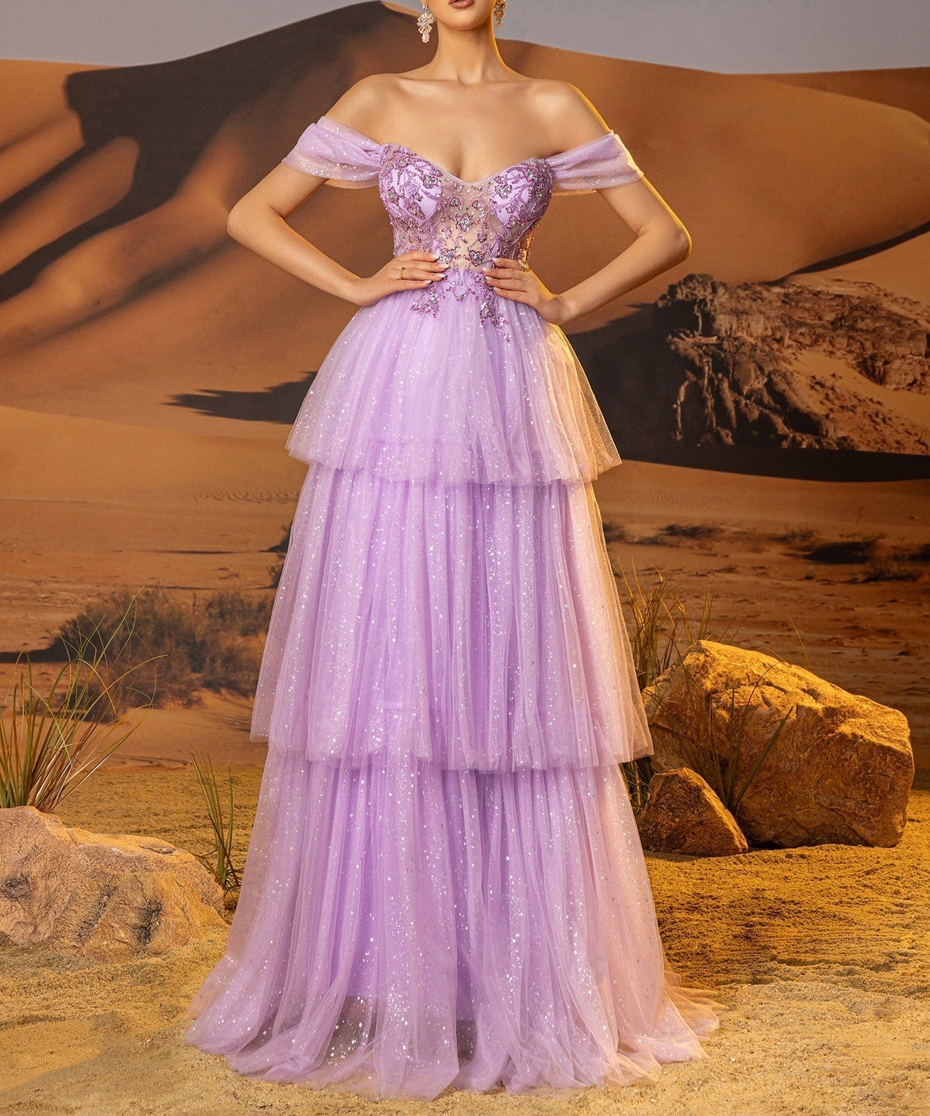 Off Shoulder Sparkly Lace Embroidery Layered Ball Gown Prom Dress - Lilac