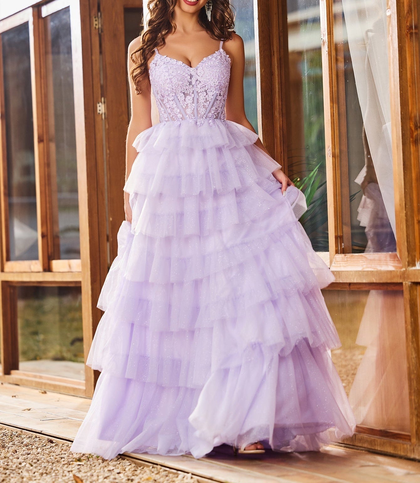 Embroidery Floral Sheer Ball Gown Prom Dress With Ruffle - Lilac