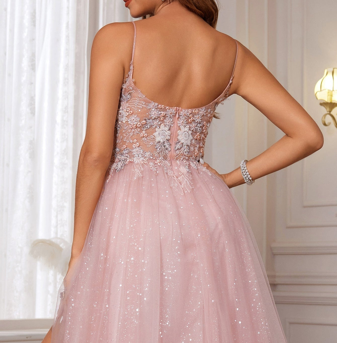 Sparkly Lace Embroidery Illusion Bodice A-Line Long Prom Dress - Blush Pink