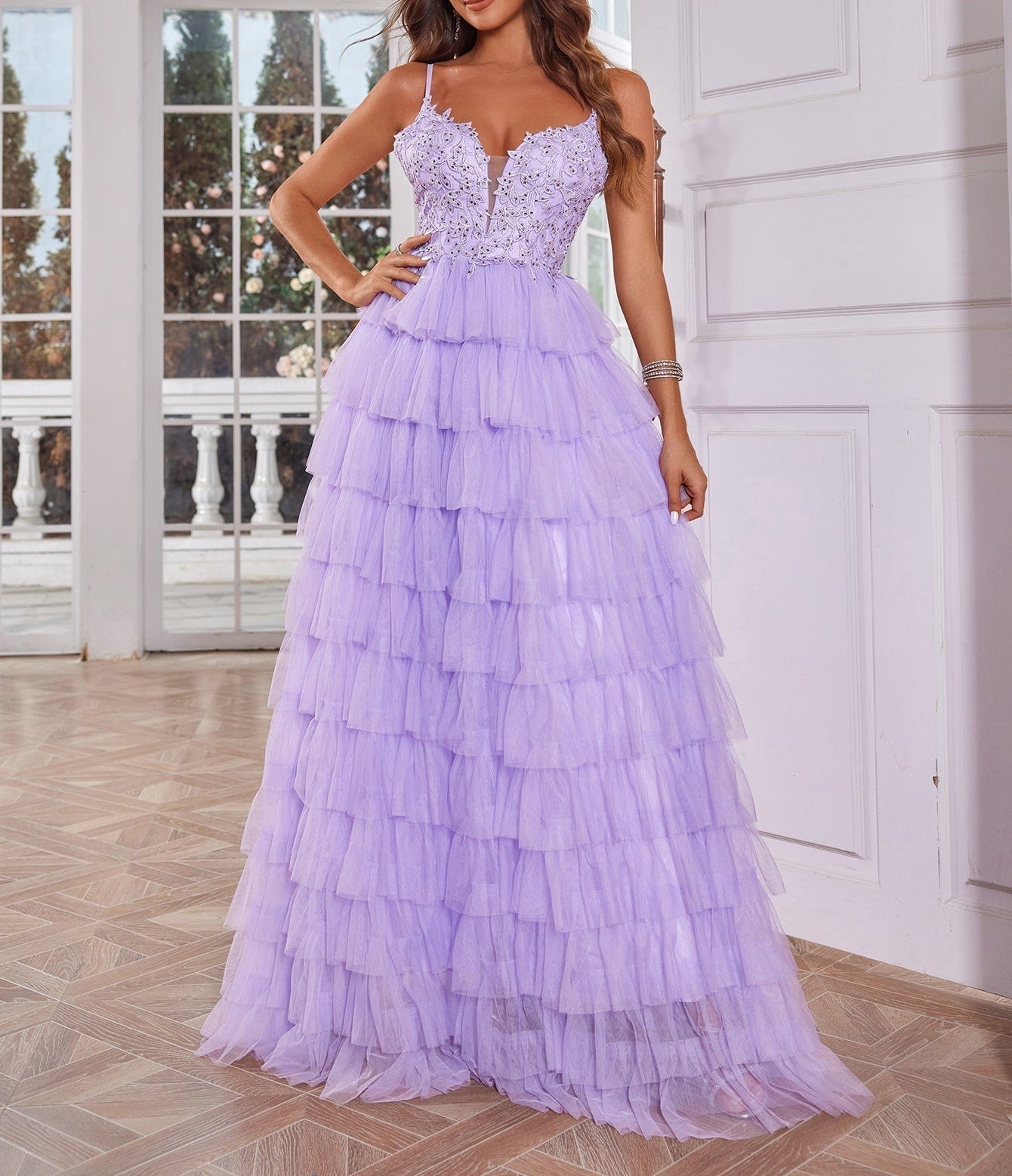 Lace Embroidery Spaghetti Strap Layered Ball Gown Prom Dress - Lilac