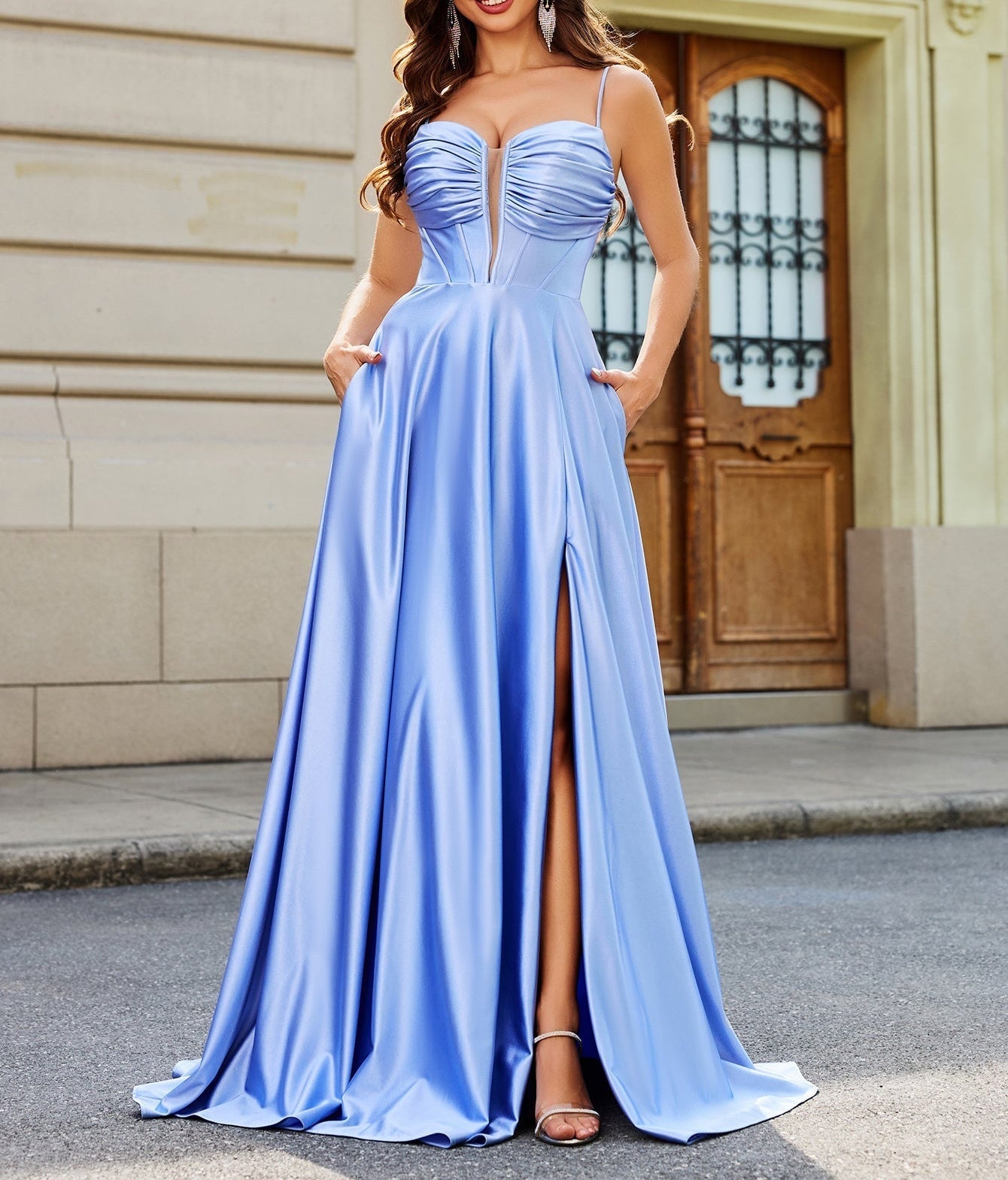 Deep V-Neck Boned Top Satin A-Line Long Prom Dress With Pocket - Baby Blue