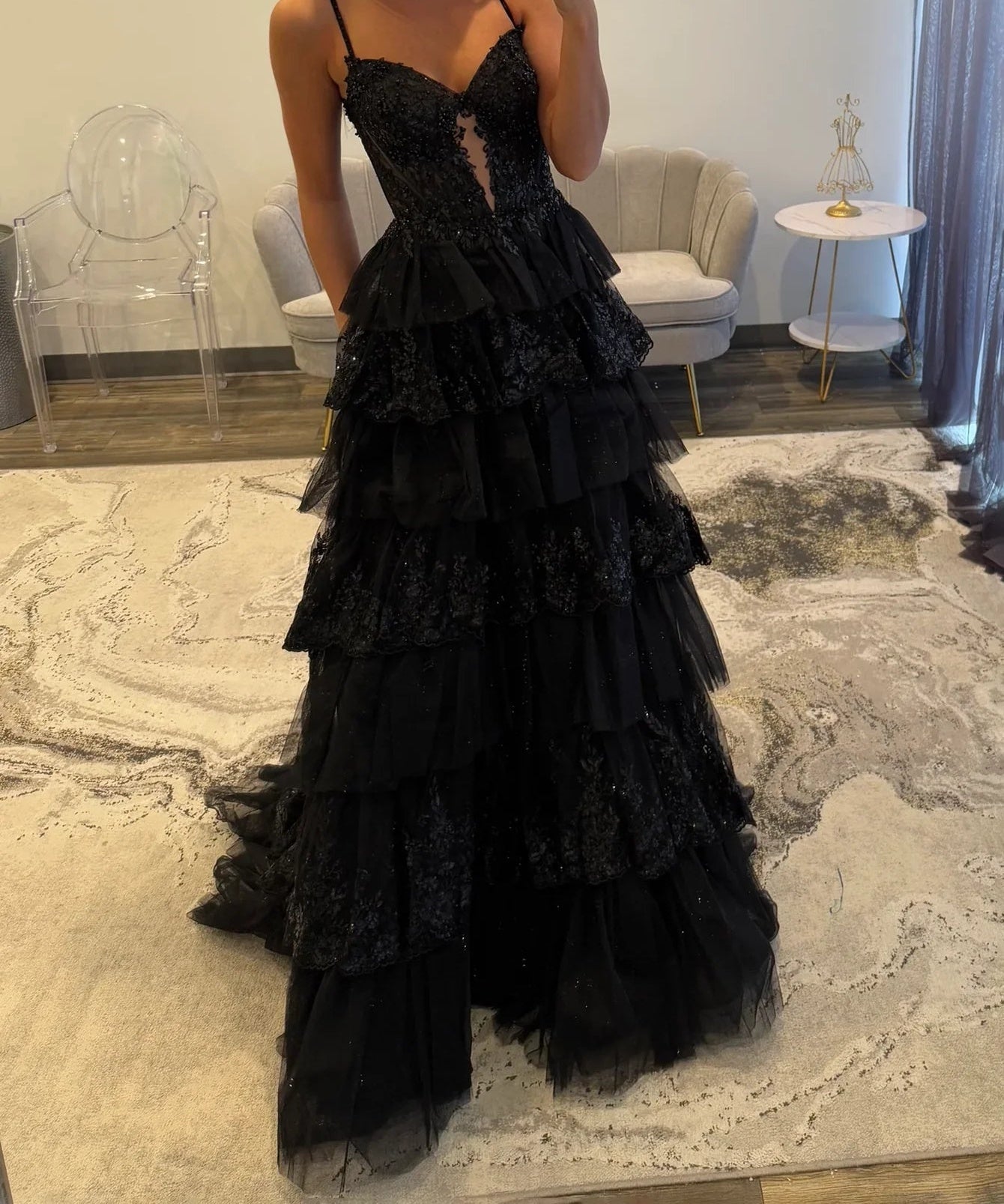 Cut Front Sparkly Lace Embroidery Tiered Ball Gown Prom Dress With Ruffle - Black
