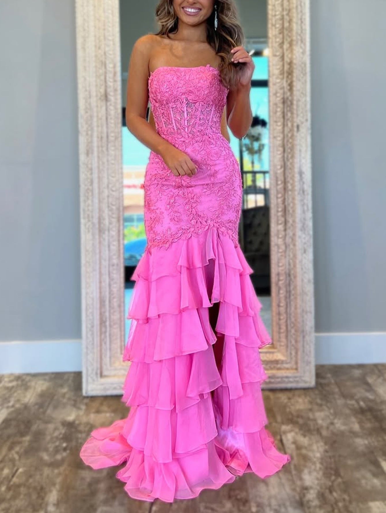 Crystal Lace Embroidery Chiffon Mermaid Prom Dress With Slit - Hot Pink