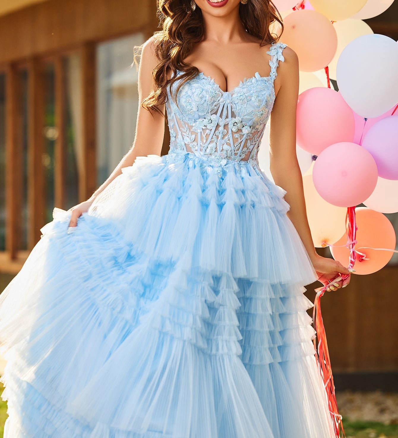 Flower Appliqued Corset Top Lace Layered Tiered Ball Gown Prom Dress - Baby Blue