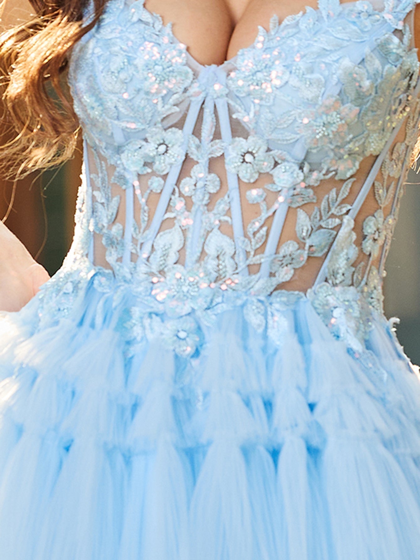 Flower Appliqued Corset Top Lace Layered Tiered Ball Gown Prom Dress - Baby Blue