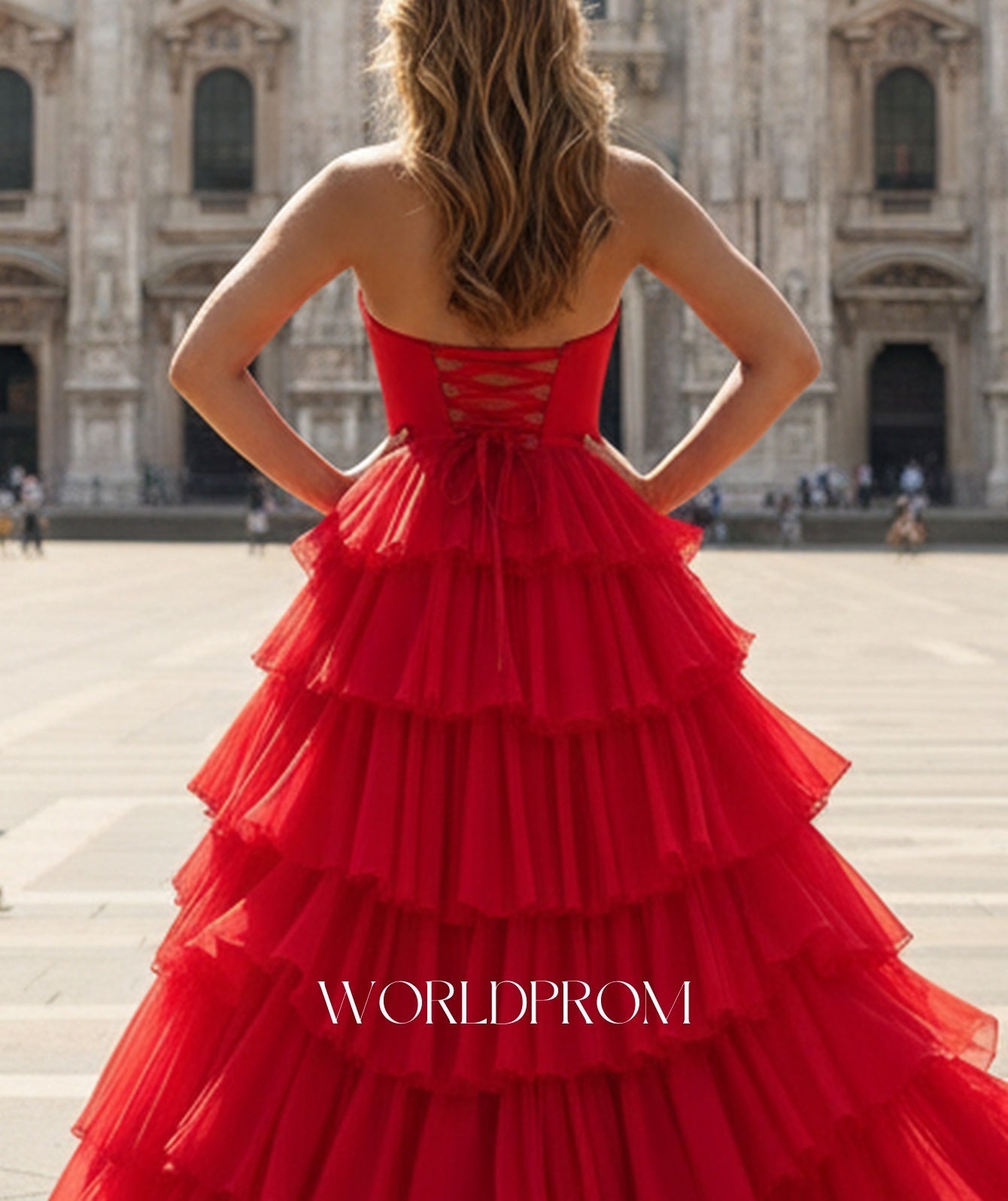 Cut Front Pleated Layered Ruffle Hem Long Prom Dress With Slit - Red