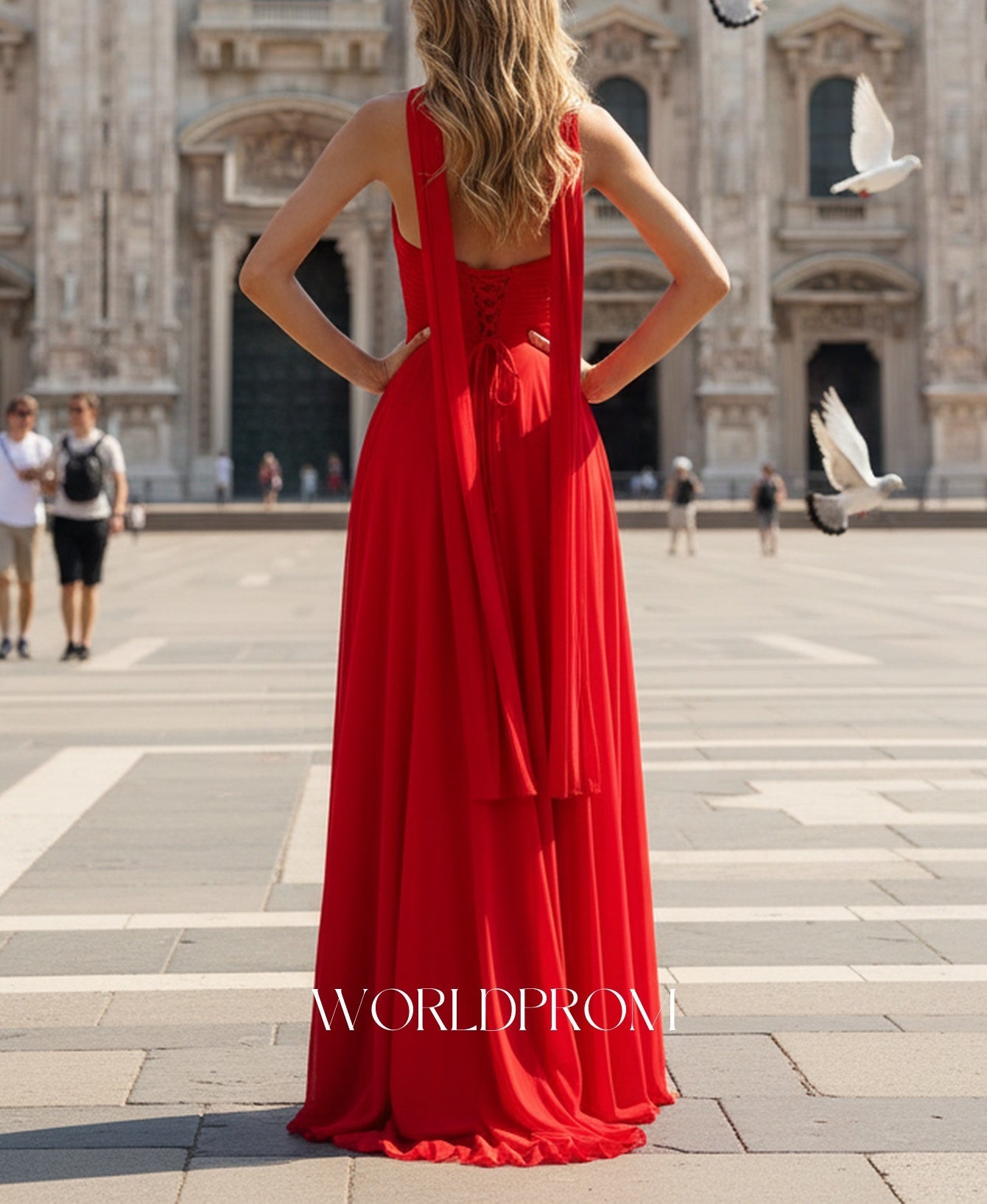 Halter Deep V-Neck A-Line Lace Up Long Prom Dress With Shawl - Red
