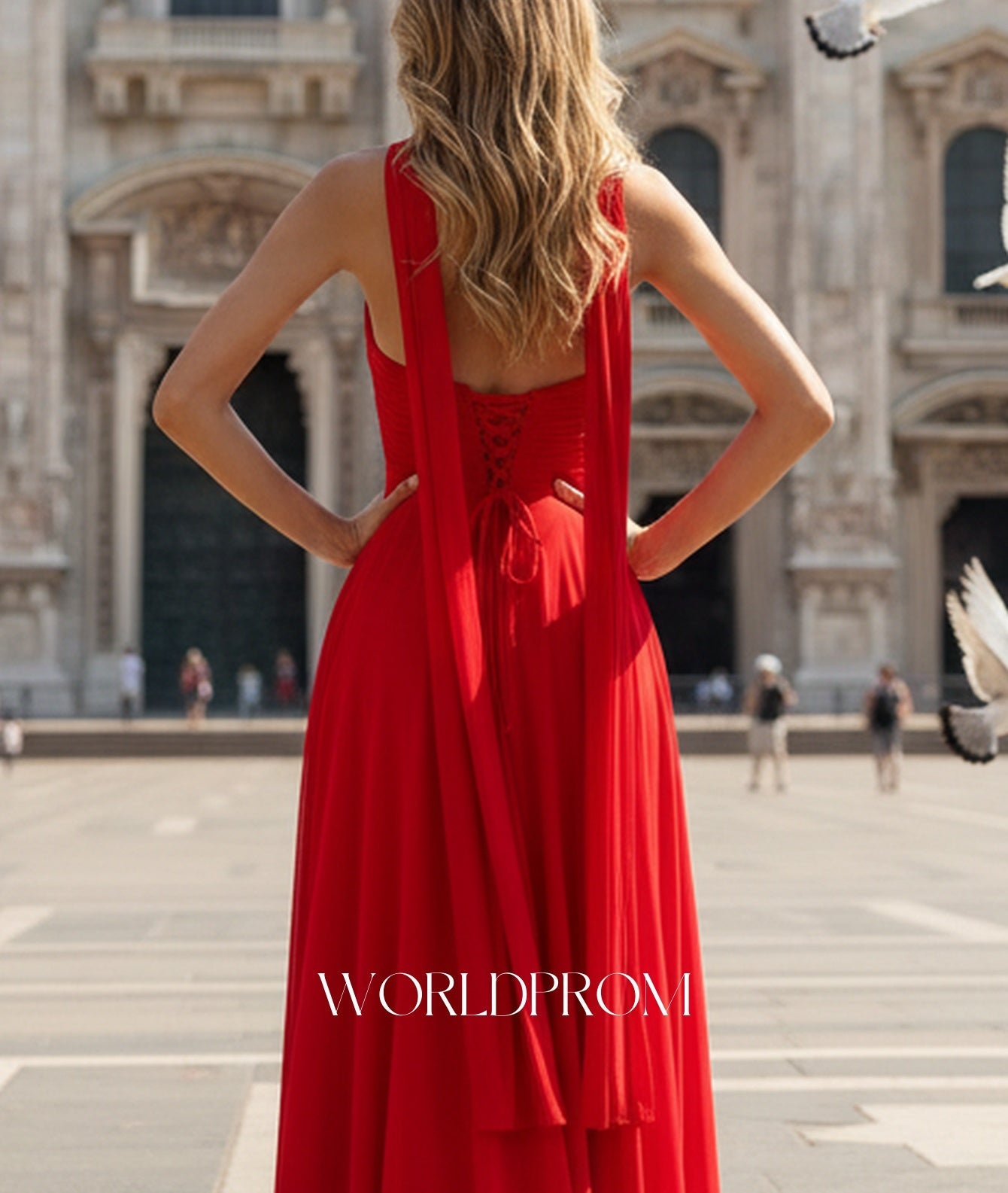 Halter Deep V-Neck A-Line Lace Up Long Prom Dress With Shawl - Red