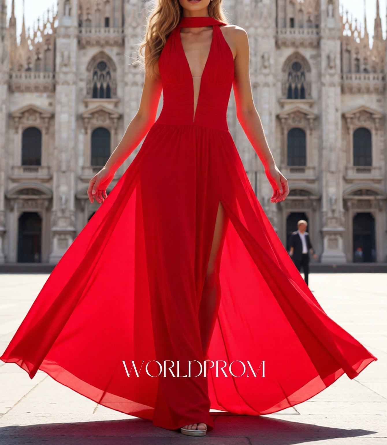 Halter Deep V-Neck A-Line Lace Up Long Prom Dress With Shawl - Red
