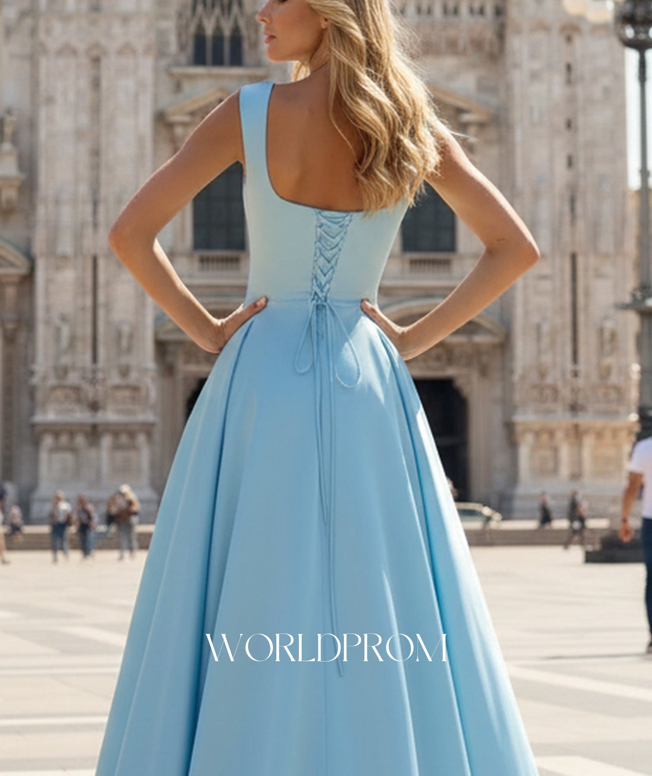 Tank Pleated Corset Lace Up A-Line Long Prom Dress - Sky Blue