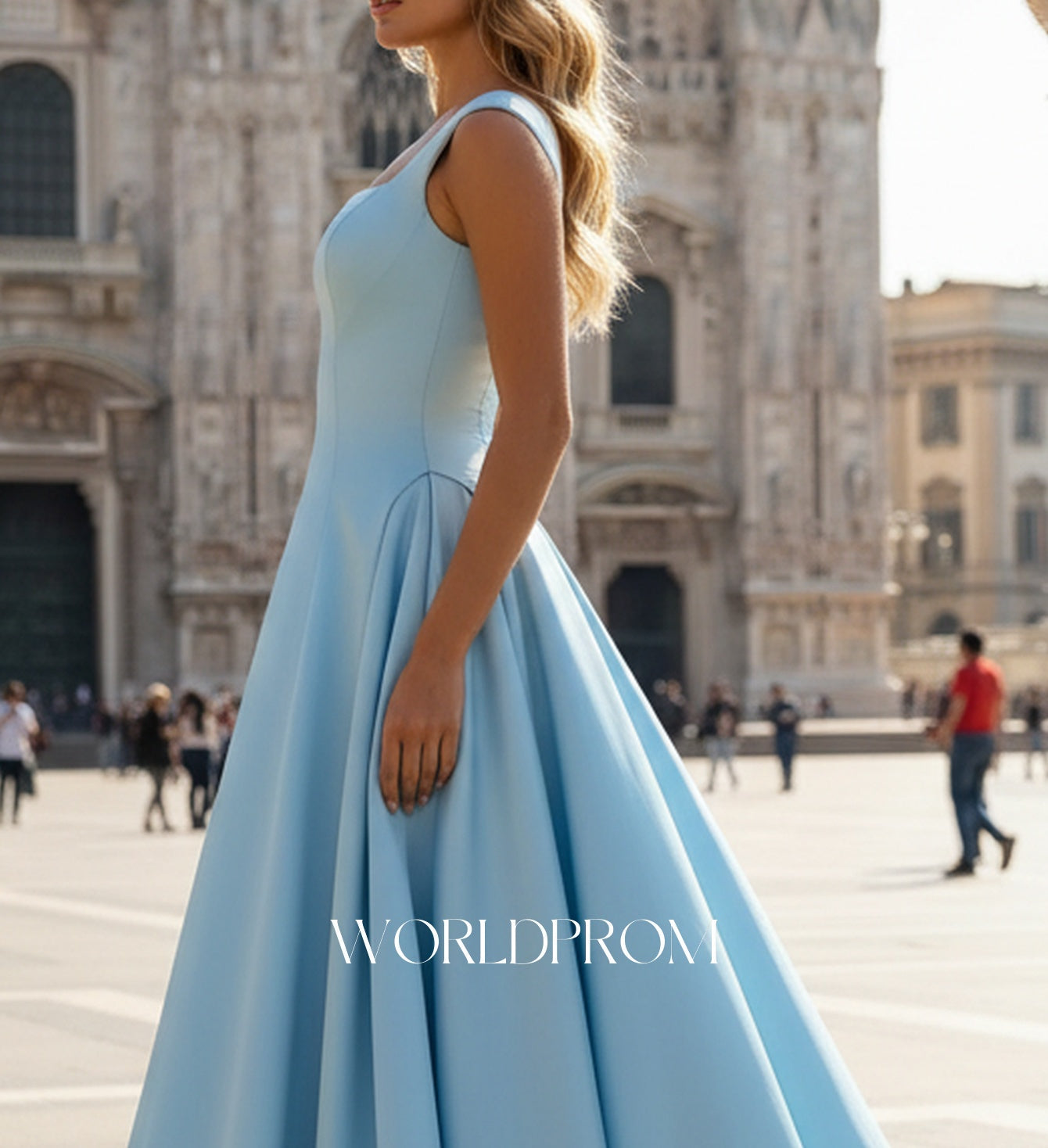 Tank Pleated Corset Lace Up A-Line Long Prom Dress - Sky Blue