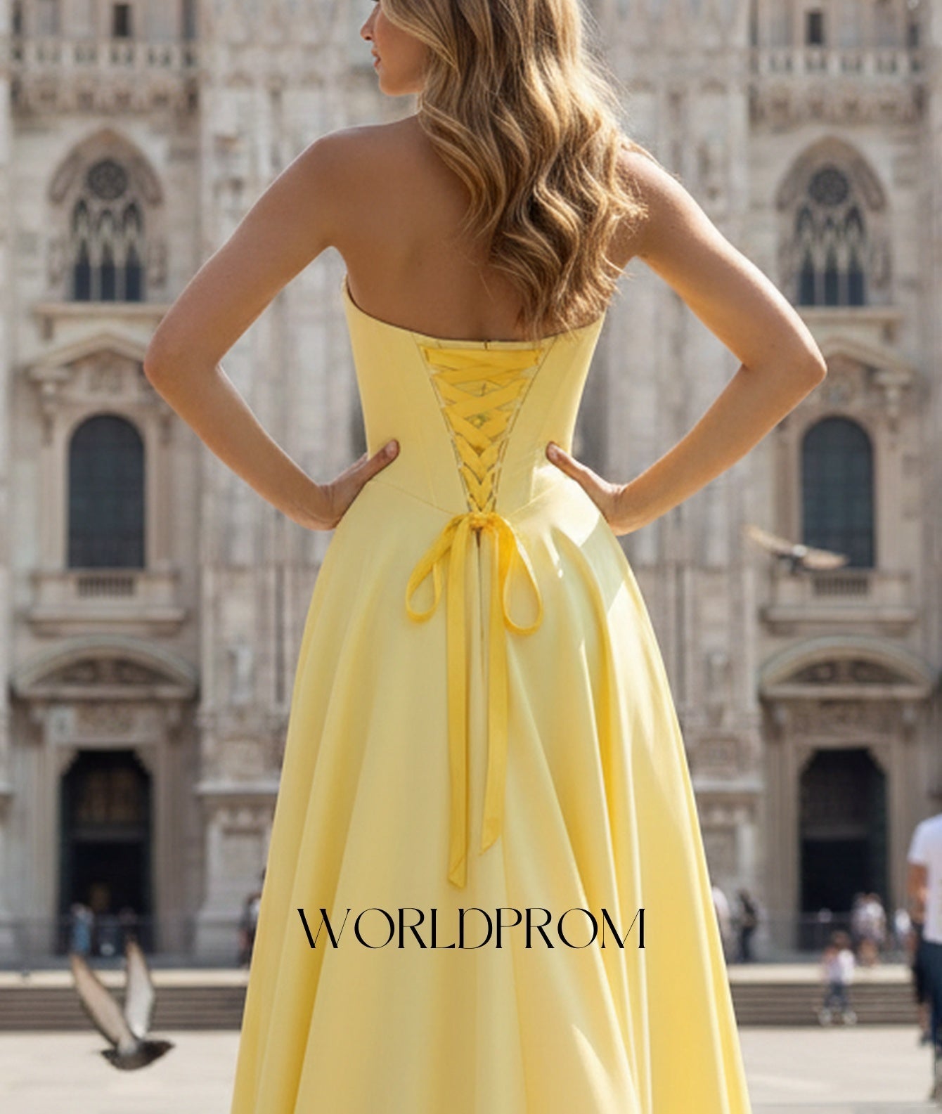 Sweetheart Hot Fix Crystal Ruched Bust Bodice A-Line Long Prom Dress With Pockets - Goose Yellow