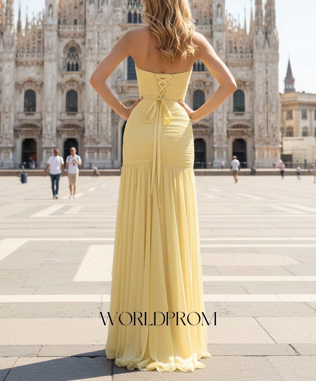 Ruched Bust Fitted Waist Pleated Mermaid Long Prom Dress With Slit - Goose Yellow