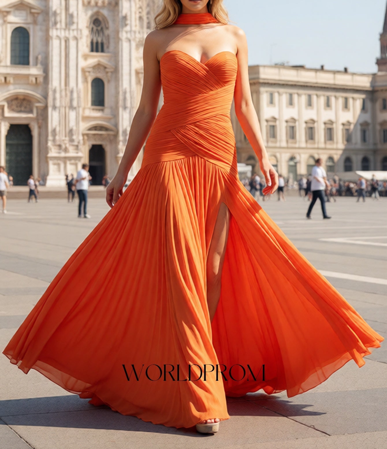 Ruched Bust Corset Pleated A-Line Long Prom Dress With Shawl - Orange