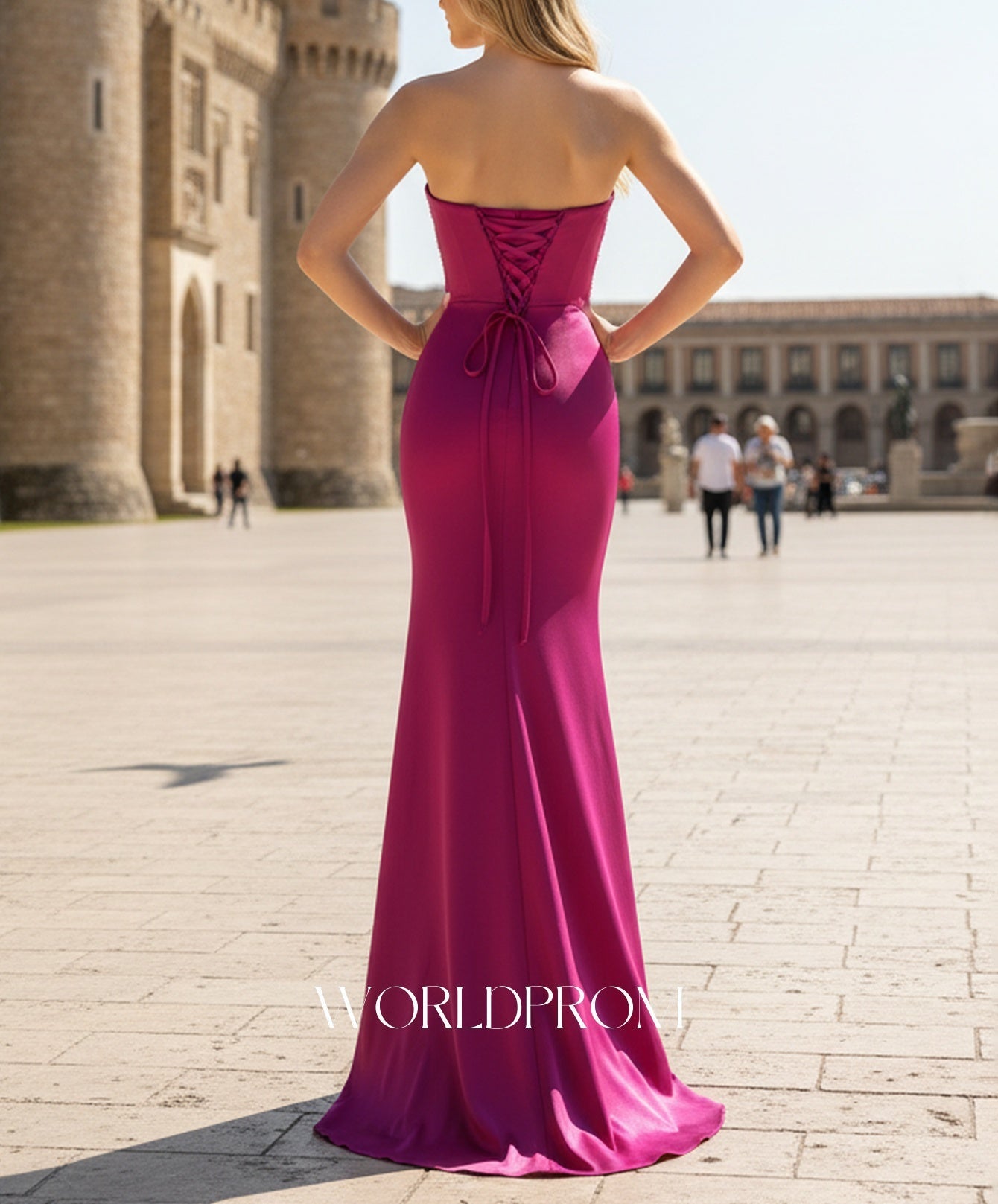 Crystal Fitted Waist Mermaid Long Prom Dress With Slit - Fuchsia