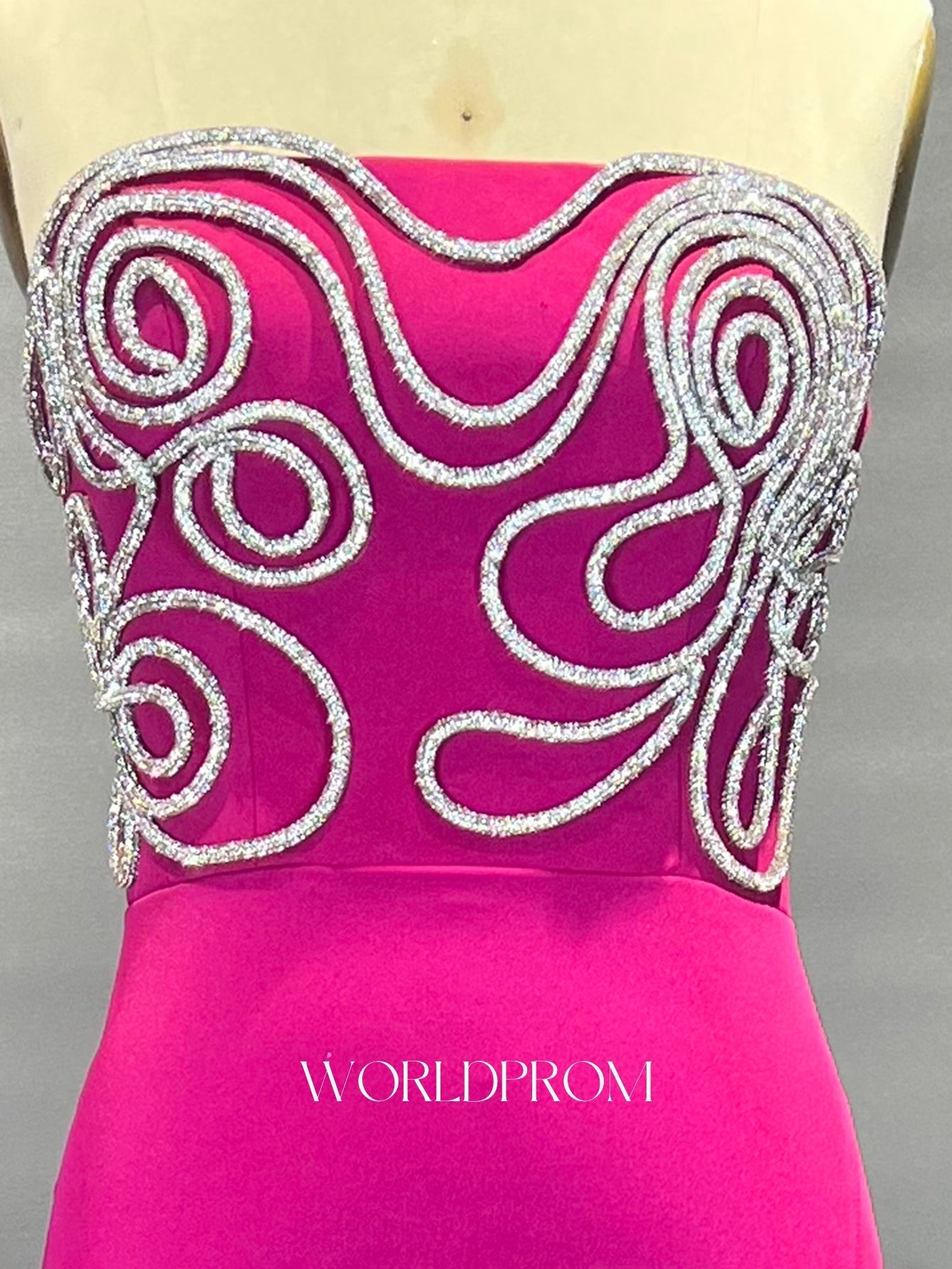 Crystal Fitted Waist Mermaid Long Prom Dress With Slit - Fuchsia