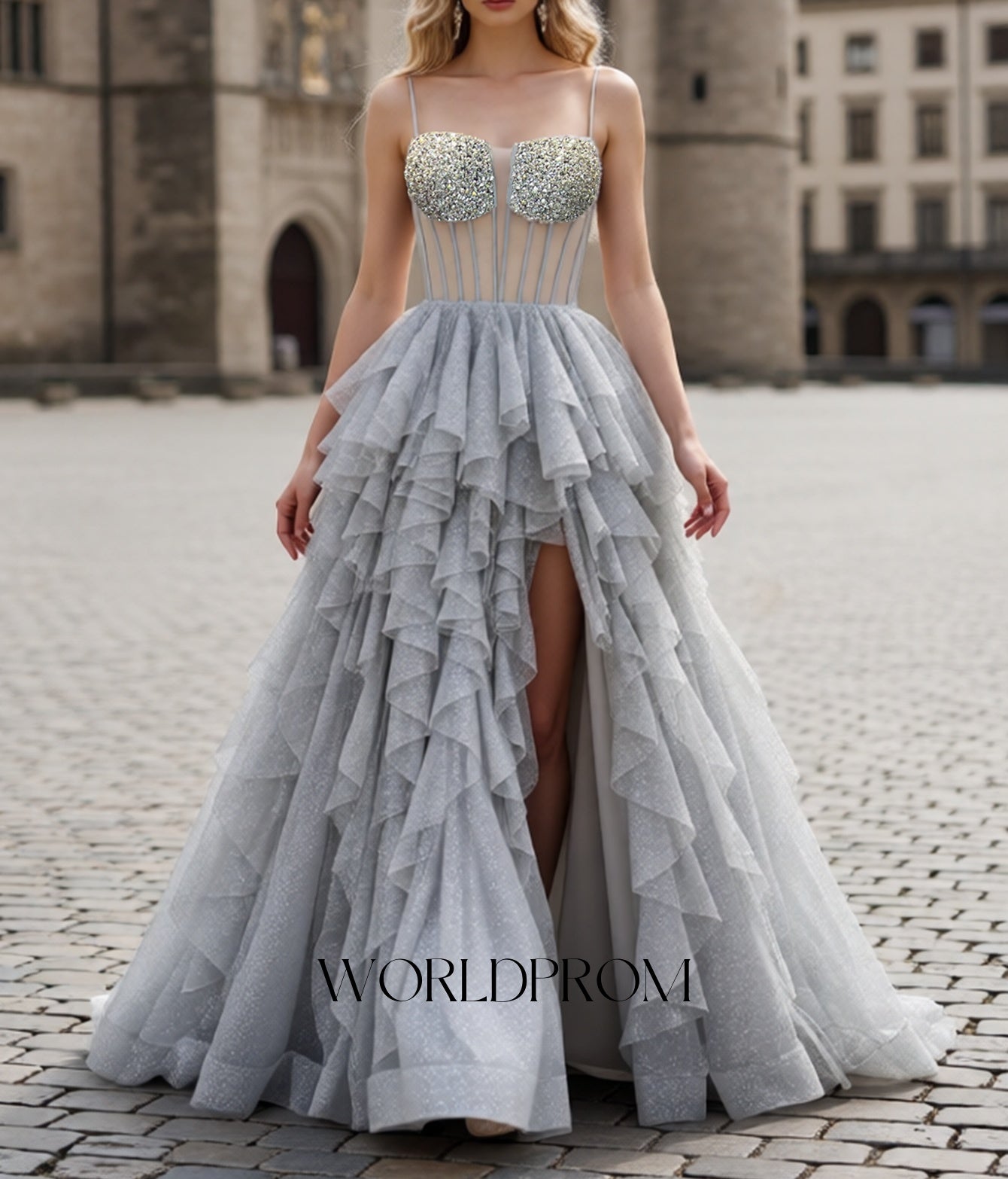 Hot Fix Crystal Spaghetti Shoulder Straps Illusion Layered Ruffle Hem Long Prom Dress - Light Grey