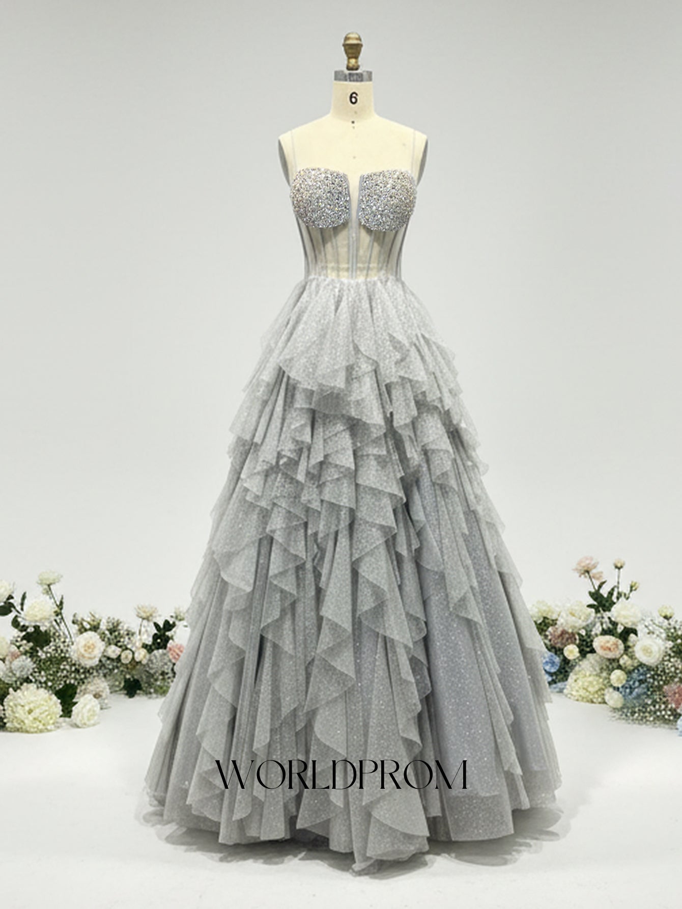 Hot Fix Crystal Spaghetti Shoulder Straps Illusion Layered Ruffle Hem Long Prom Dress - Light Grey