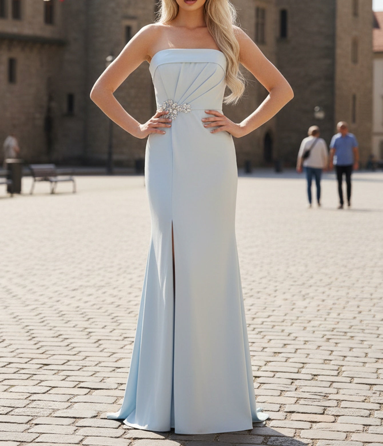 Sparkly Beading Pleated Lace Up Mermaid Long Prom Dress With Slit - Sky Blue