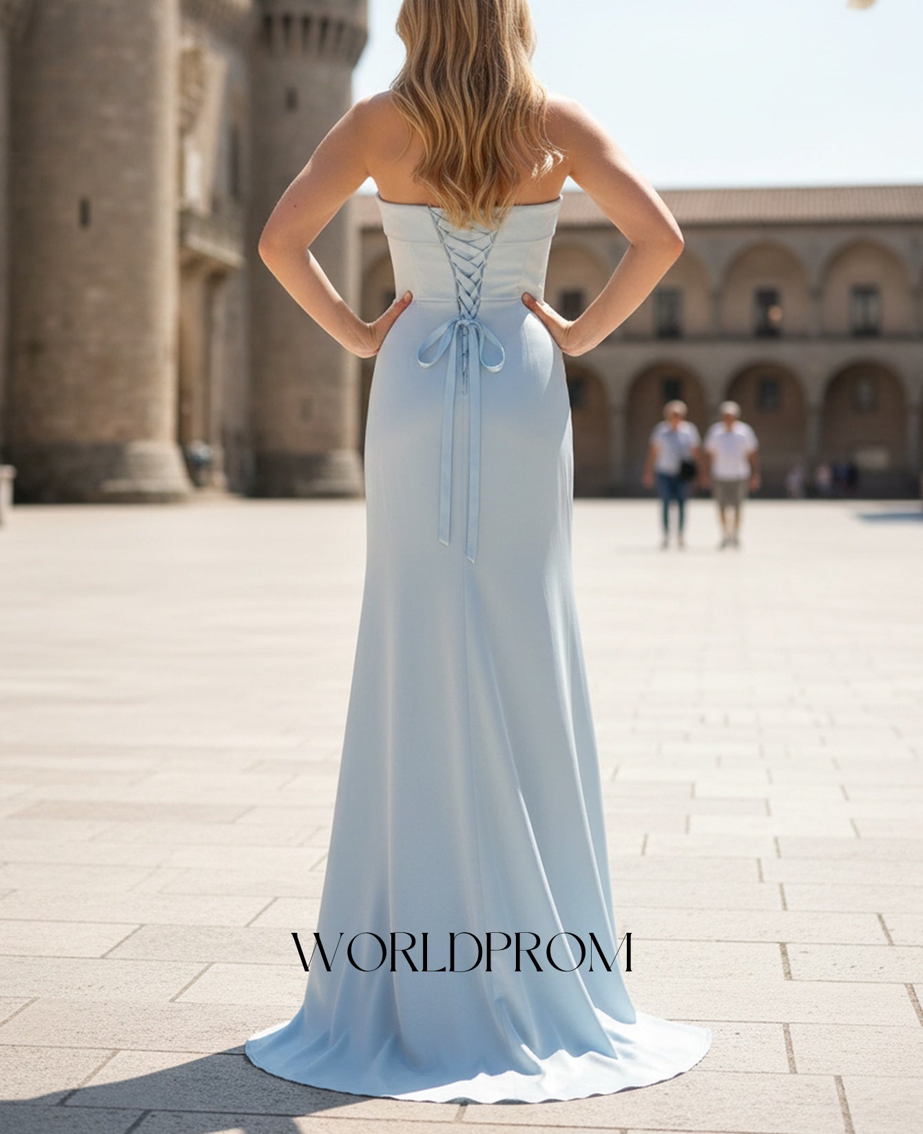 Sparkly Beading Pleated Lace Up Mermaid Long Prom Dress With Slit - Sky Blue