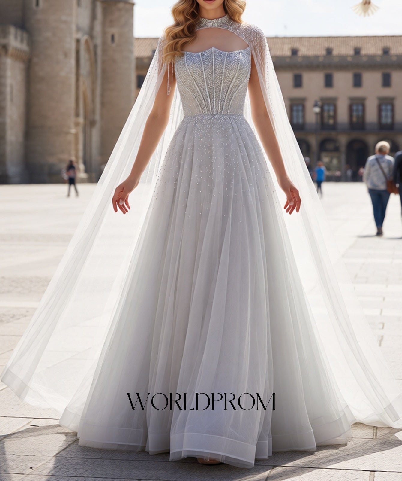 Hot Fix Crystal Bodice Pleated A-Line Long Prom Dress With Shawl - Light Grey