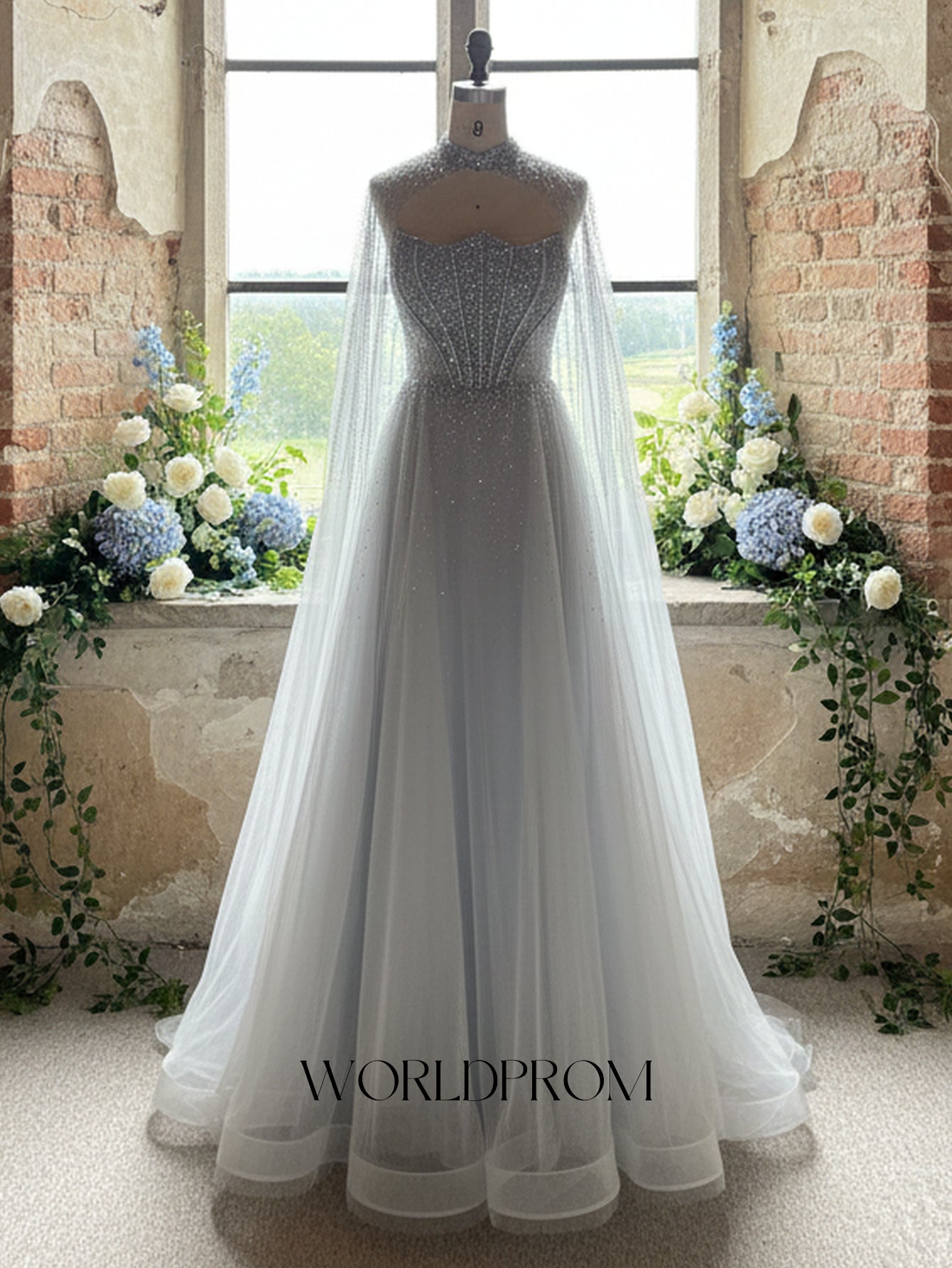 Hot Fix Crystal Bodice Pleated A-Line Long Prom Dress With Shawl - Light Grey