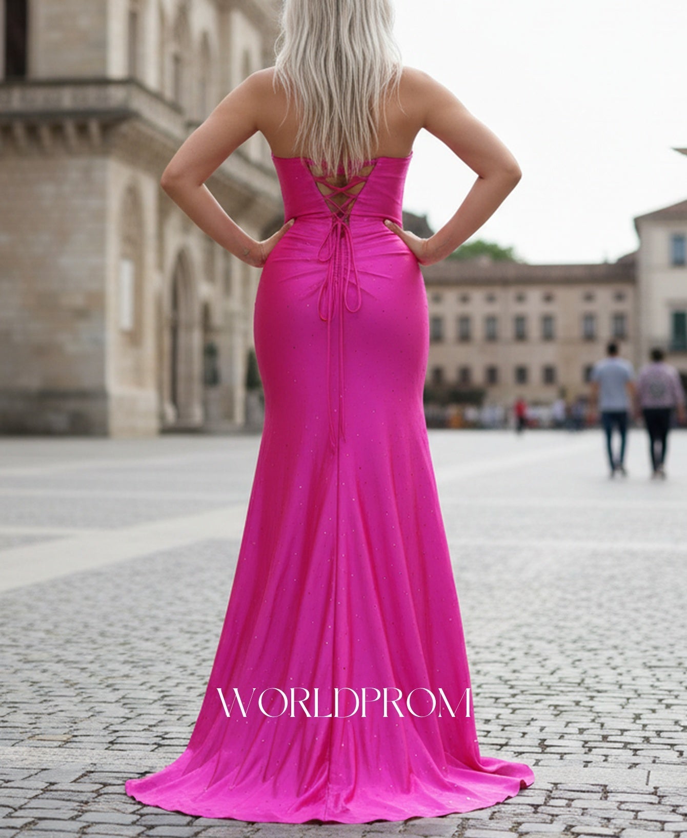 Ruched Bust Hot Fix Crystal Pleated Backless Mermaid Long Prom Dress With Slit - Hot Pink