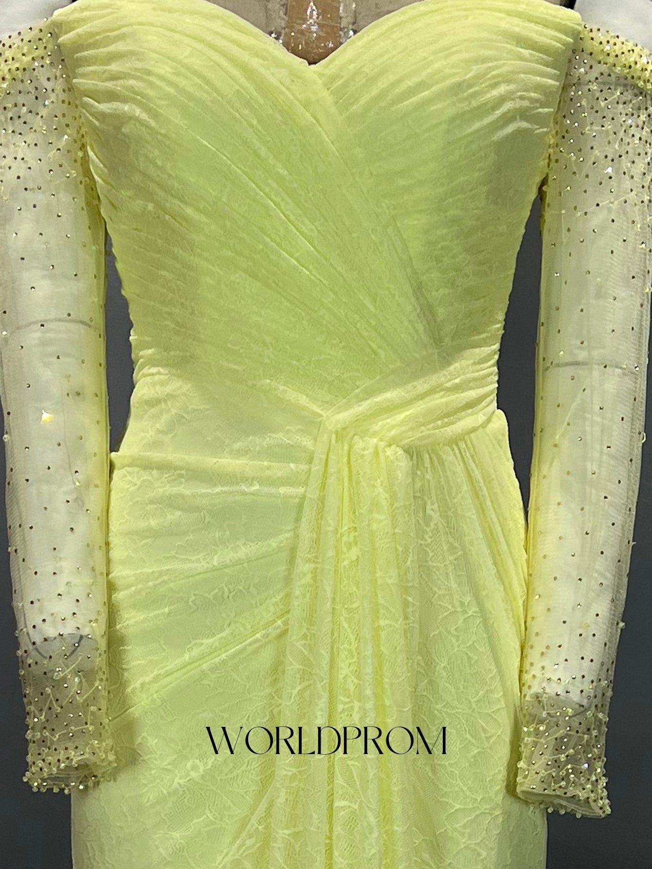 Off Shoulder Sparkly Beading Pleated Lace Mermaid Long Prom Dress With Waist Drop - Goose Yellow