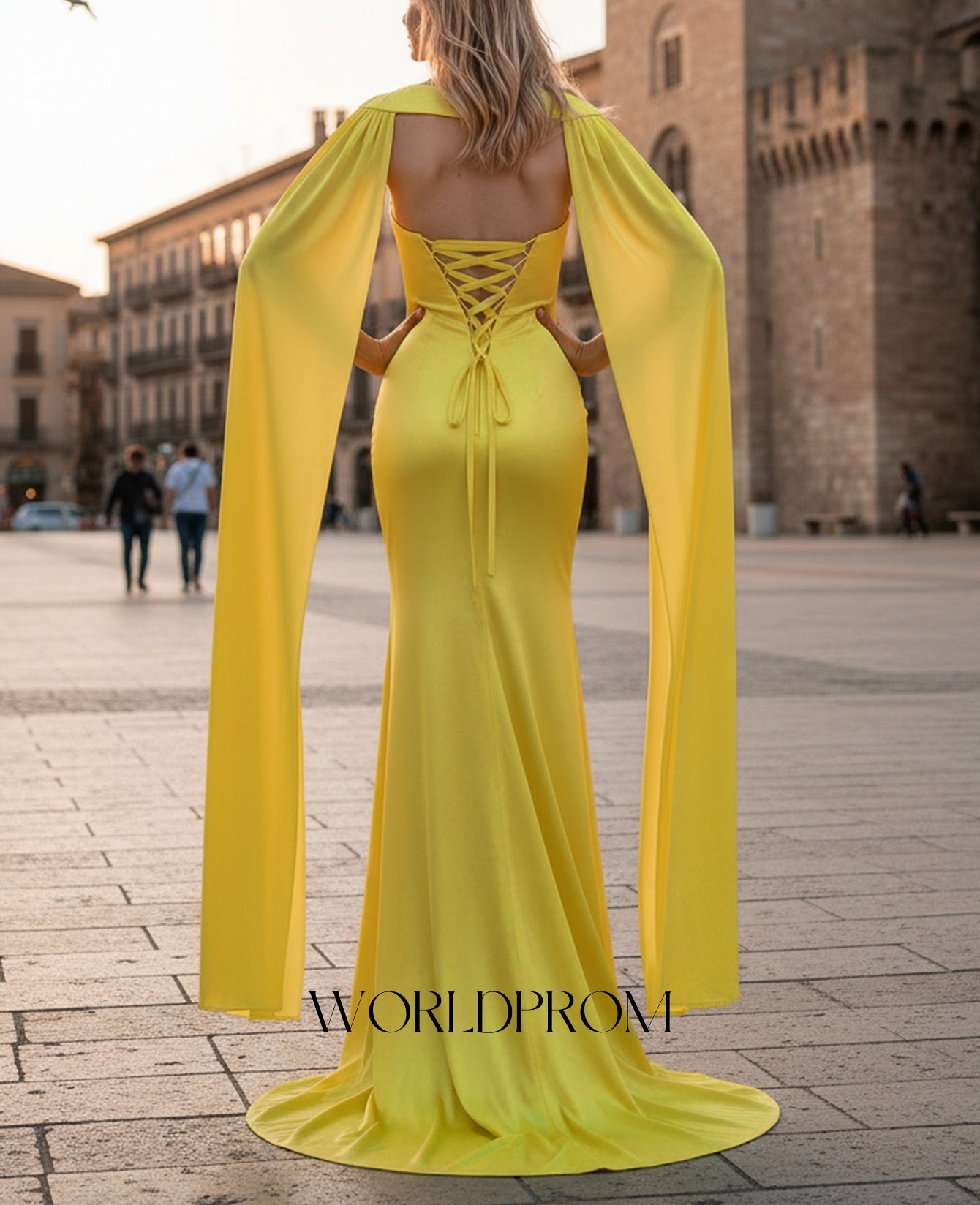 Bow Front Spaghetti Shoulder Straps Pleated Mermaid Long Prom Dress With Shawl - Yellow
