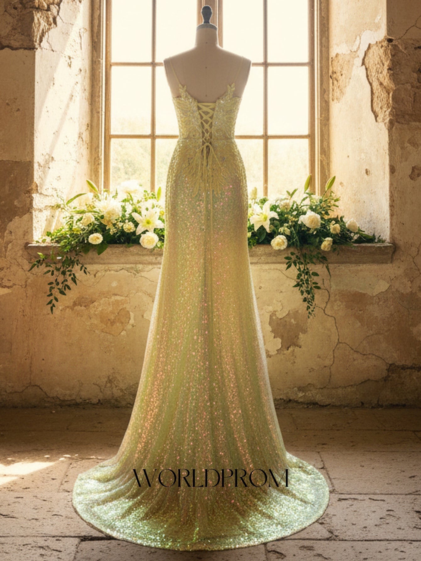 Deep V-Neck Sparkly Beading Lace Floral Illusion Mermaid Long Prom Dress - Goose Yellow