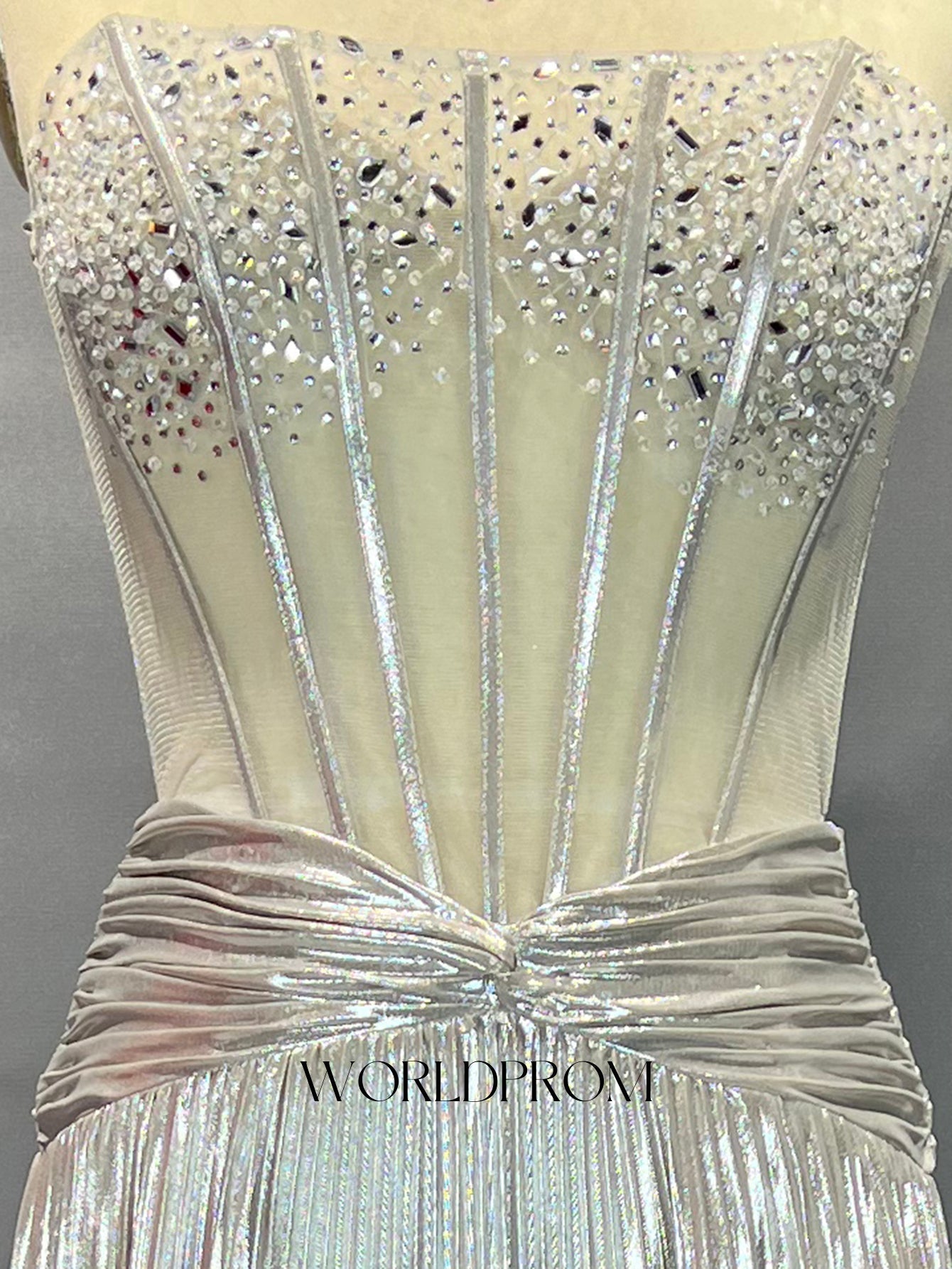 Hot Fix Crystal Illusion Pleated Bodice A-Line Long Prom Dress - Silver