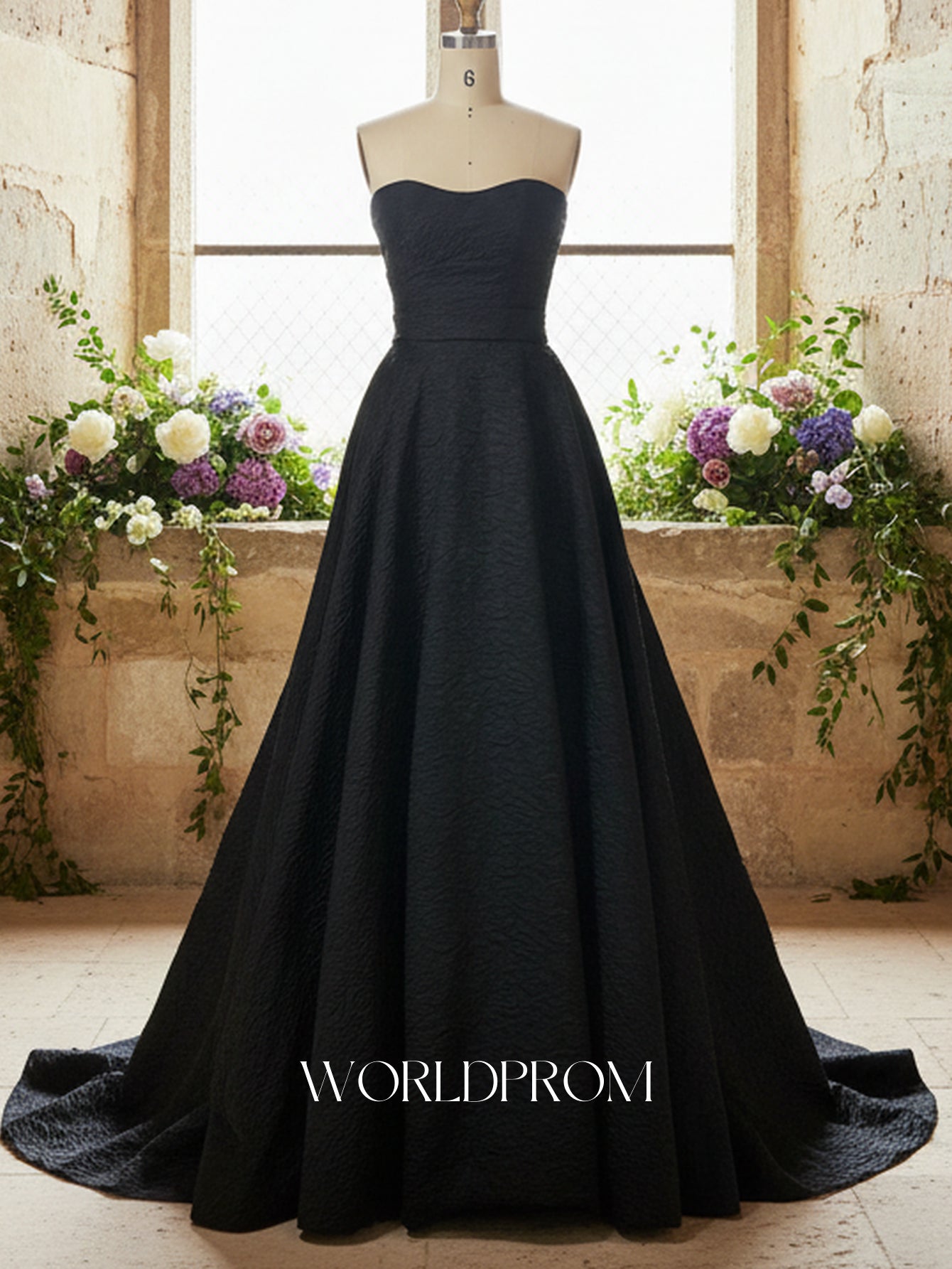 Strapless Floral Corset Lace Up A-Line Long Prom Dress - Black