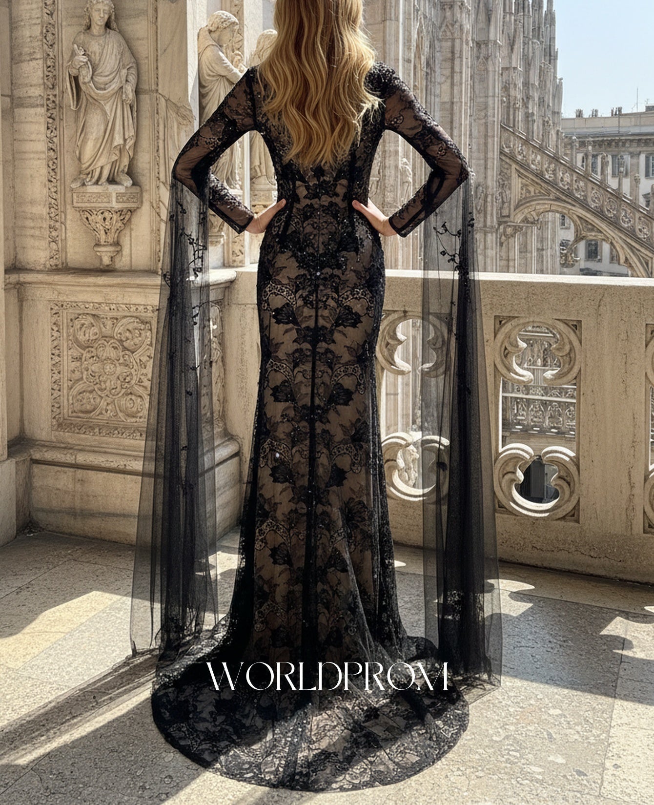Long Sleeve Sparkly Beading Lace Illusion Mermaid Long Prom Dress - Black