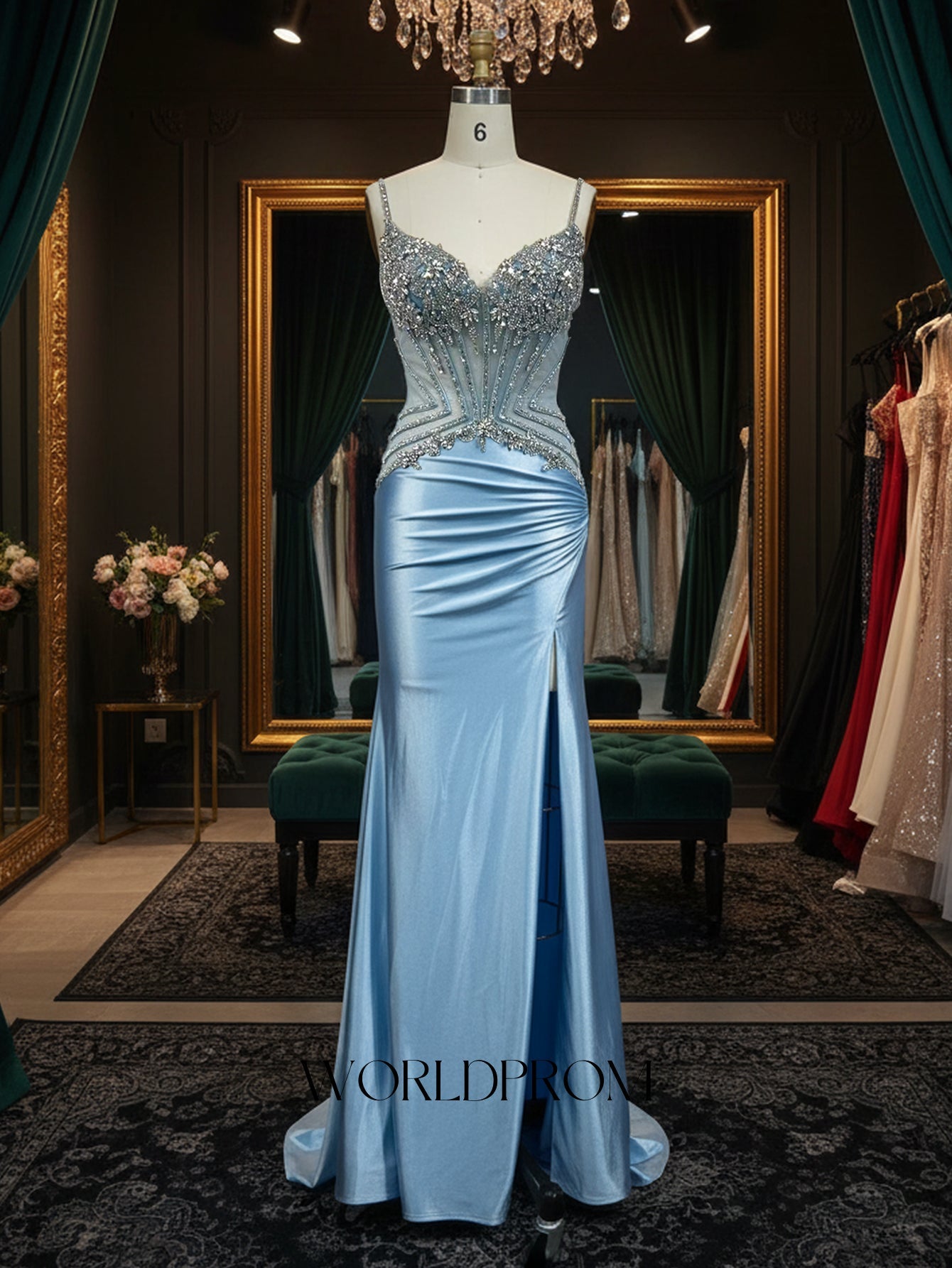 Sparkly Beading Spaghetti Shoulder Straps Illusion Backless Mermaid Long Prom Dress - Sky Blue
