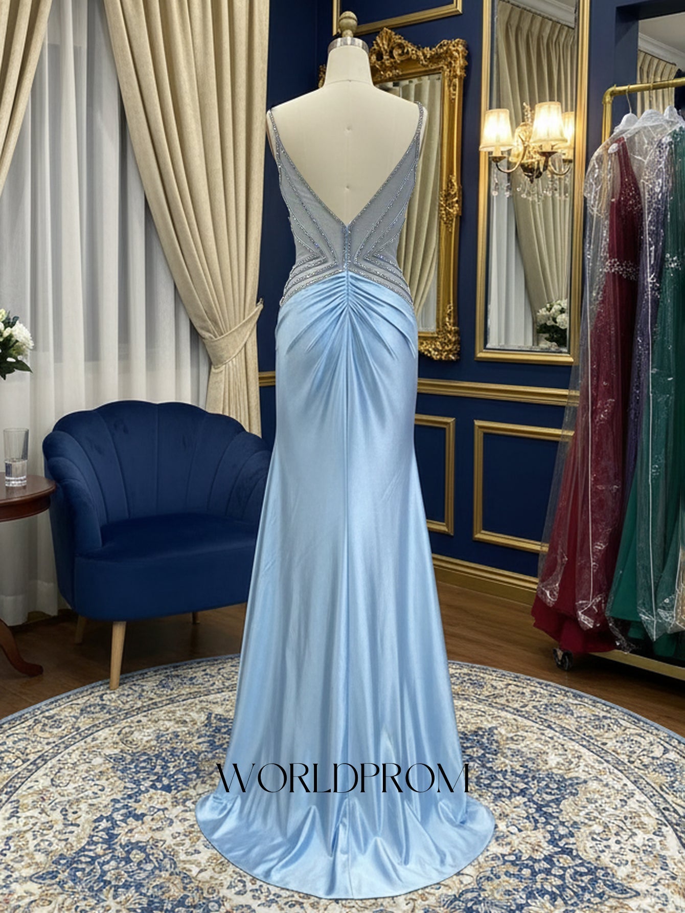 Sparkly Beading Spaghetti Shoulder Straps Illusion Backless Mermaid Long Prom Dress - Sky Blue