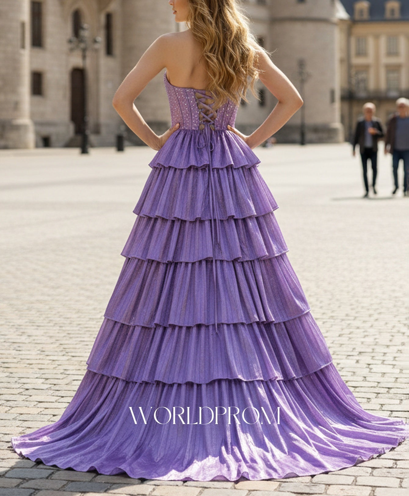 Hot Fix Crystal Pleated Layered Ruffle Hem Long Ball Gown Prom Dress With Slit - Purple
