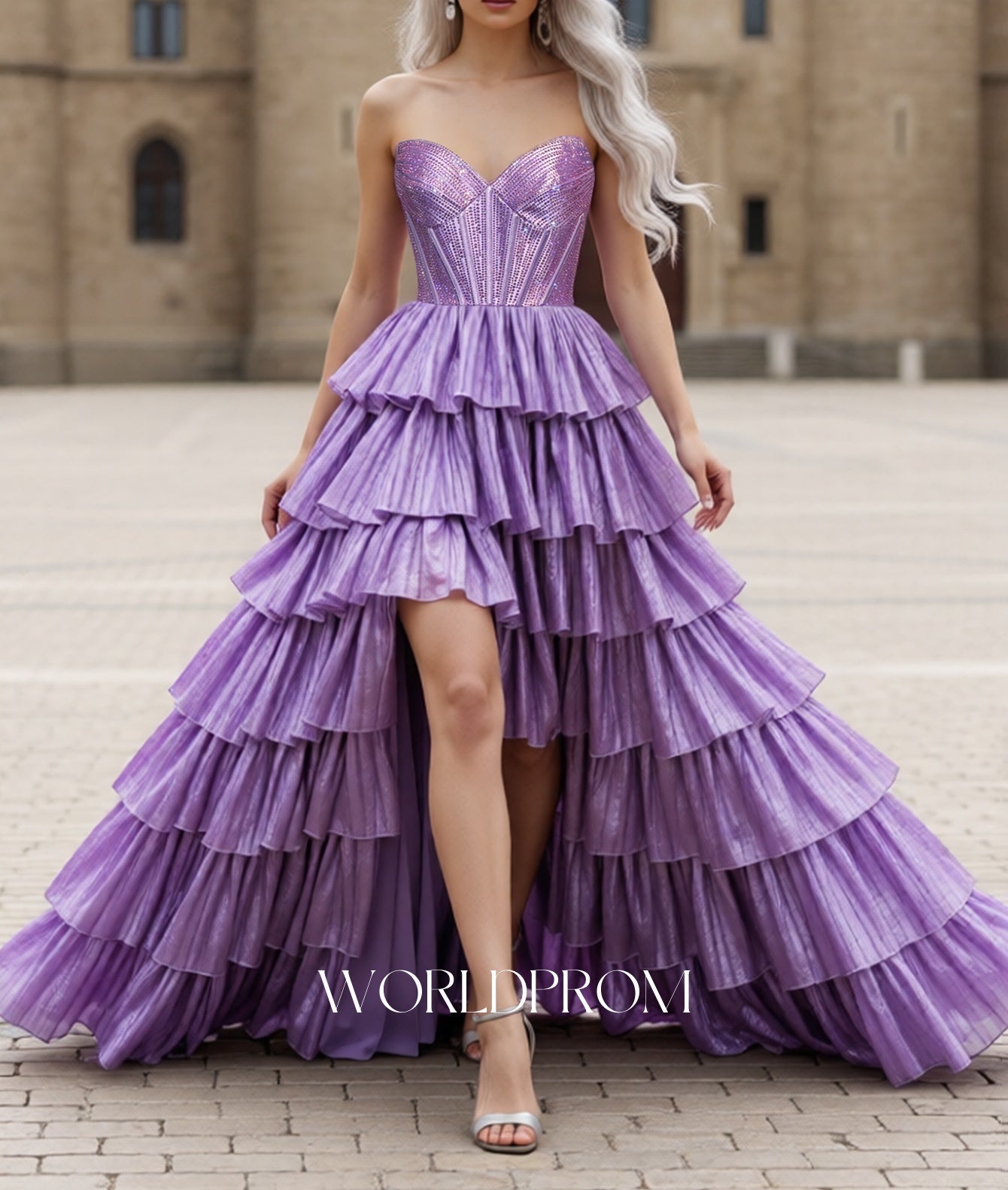 Hot Fix Crystal Pleated Layered Ruffle Hem Long Ball Gown Prom Dress With Slit - Purple