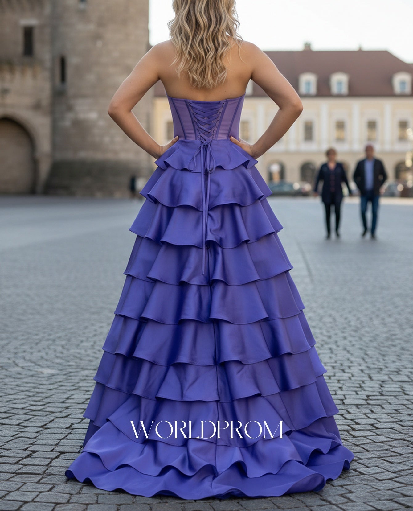 Ruched Bust Illusion Bodice Layered Ruffle Hem Long Ball Gown Prom Dress With Slit - Purple
