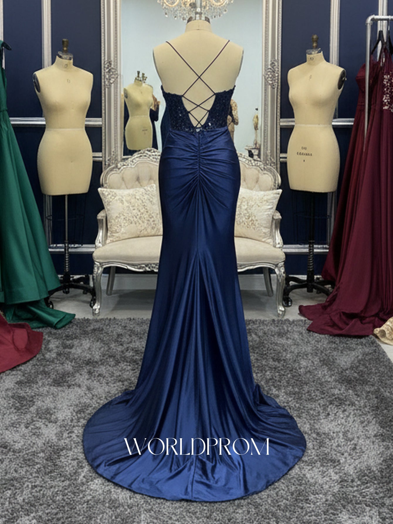 Sparkly Beading Spaghetti Shoulder Straps Twist Bodice Mermaid Long Prom Dress With Slit -  Navy Blue