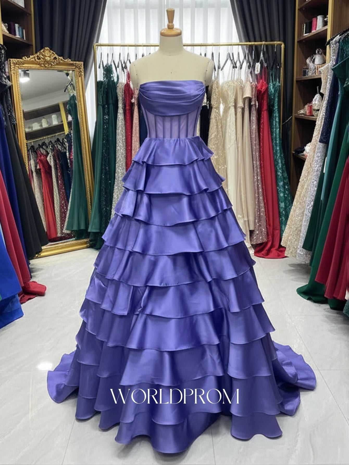 Ruched Bust Illusion Bodice Layered Ruffle Hem Long Ball Gown Prom Dress - Purple